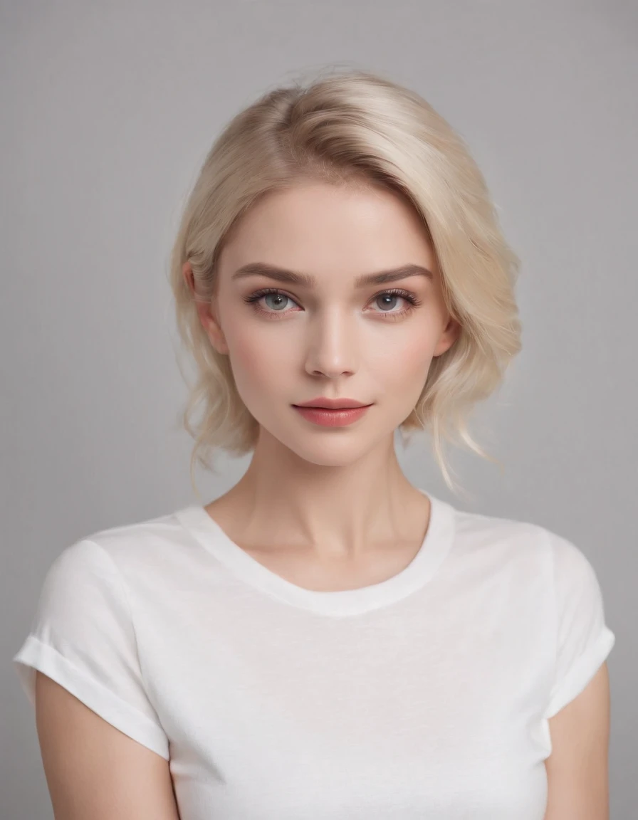 A woman with very fair skin and platinum blonde hair, blue eyes, and a gentle expression. She has full lips, but not overly so, and wears eyeliner and natural-colored lipstick. Her short hair reaches her shoulders, with no bangs, and is side-parted. She is wearing high-necked shirts.