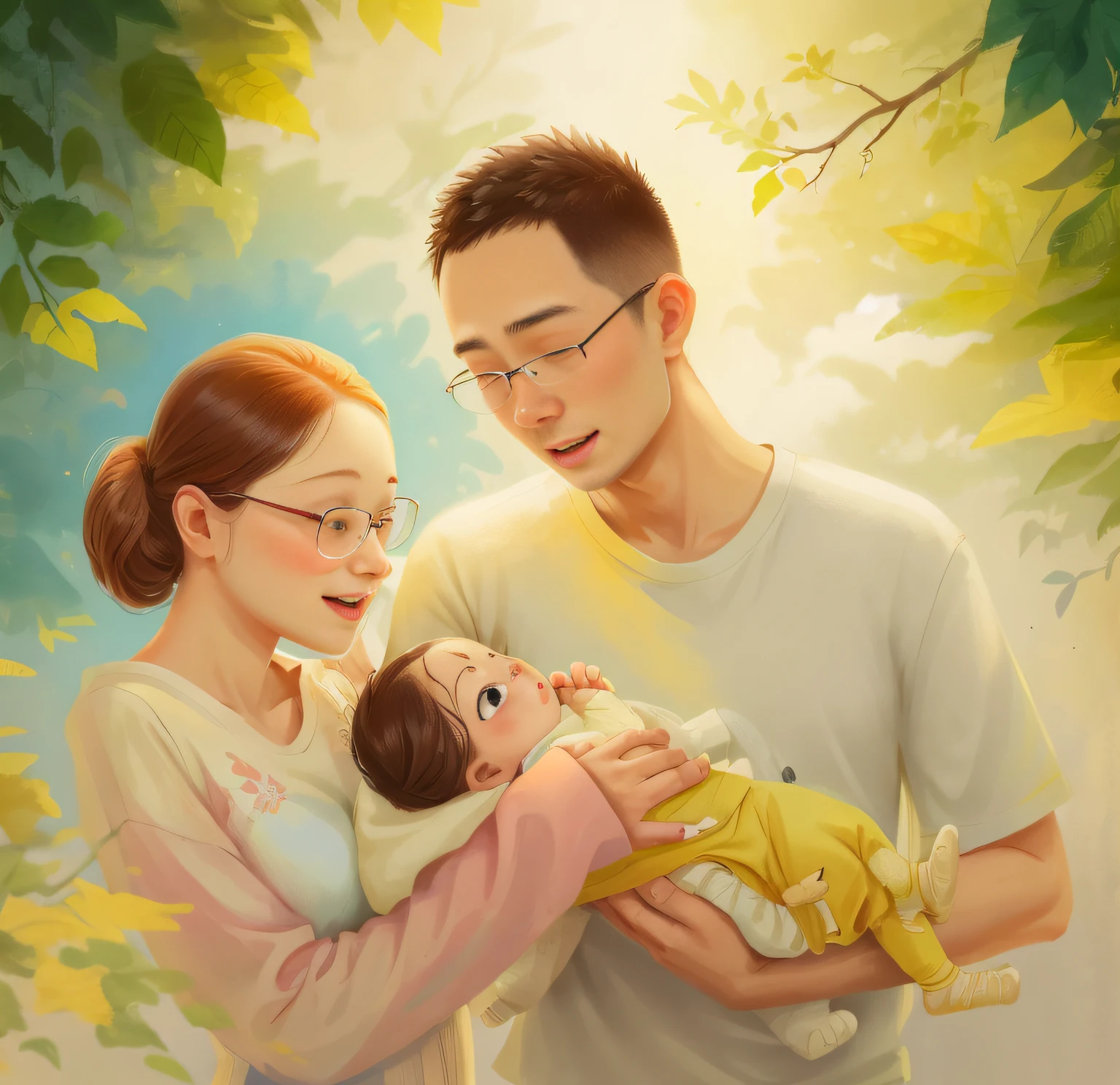 Ridiculous resolution，A high resolution，（tmasterpiece：1.4），hyper-detailing，Mother holding baby boy's messy short black hair，The boy's face is pressed against his mother's chest，Mouth drinking milk，The boy's hand touched his mother's lower body