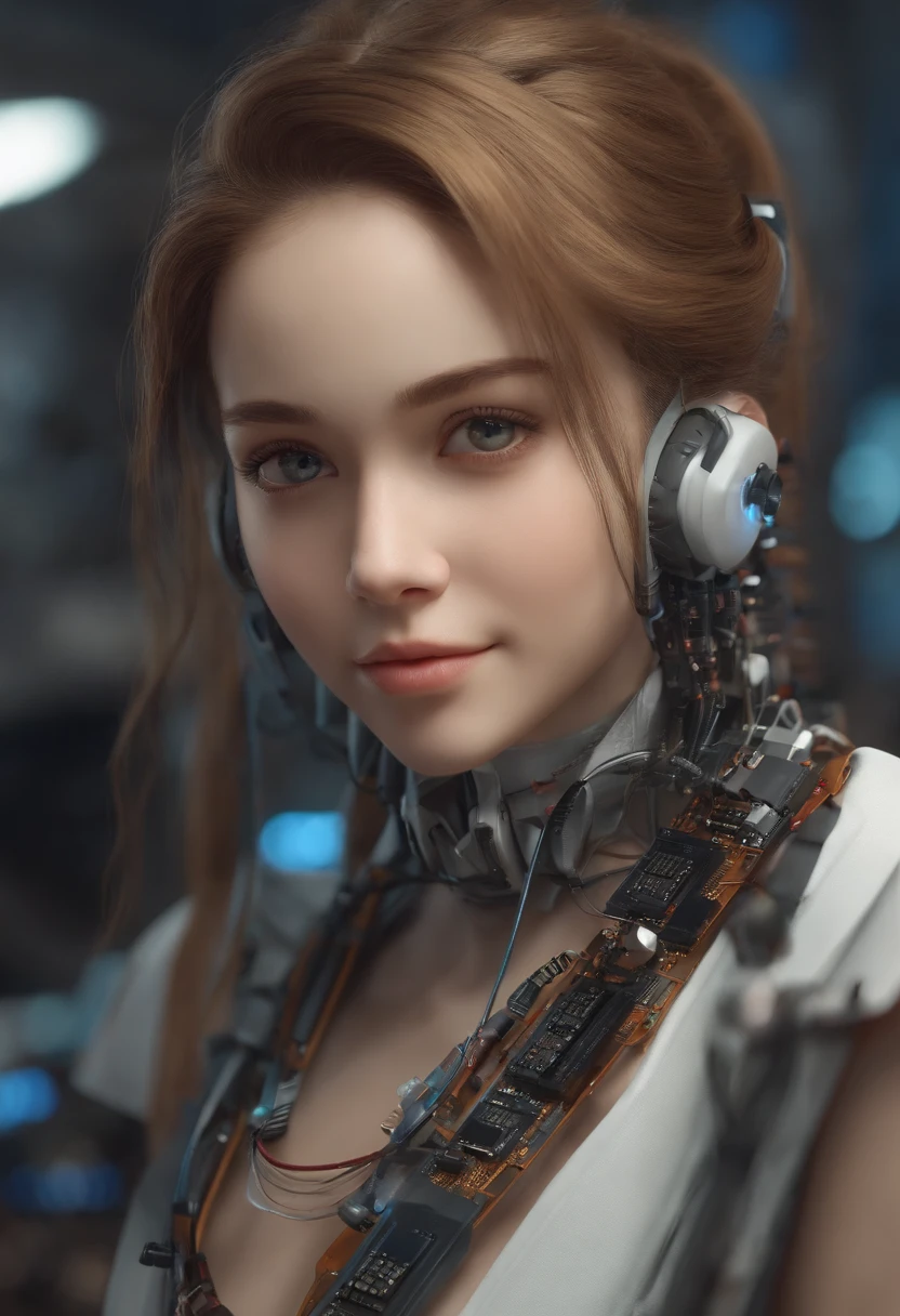 (((Masterpiece))), Top quality, Super detailed, A girl with a ponytail,With braces,ssmile ,closeup of face,Repairing the motherboard of the computer。
