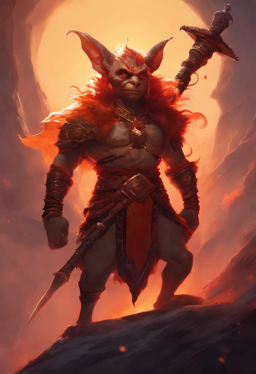 A red-skinned goblin (inspected from the red-skinned Japanese Oni demon). The elf is dressed in a toga made of furry orange fur. the skin is orange in color with black dots and thin stripes and a round patch on the skin. The atmosphere is one of magic and romance and mystery. In the background the universe. realistic image, perfect quality, high definition. the goblin is being hit, pierced, impaled, by a beam of white light coming from above.