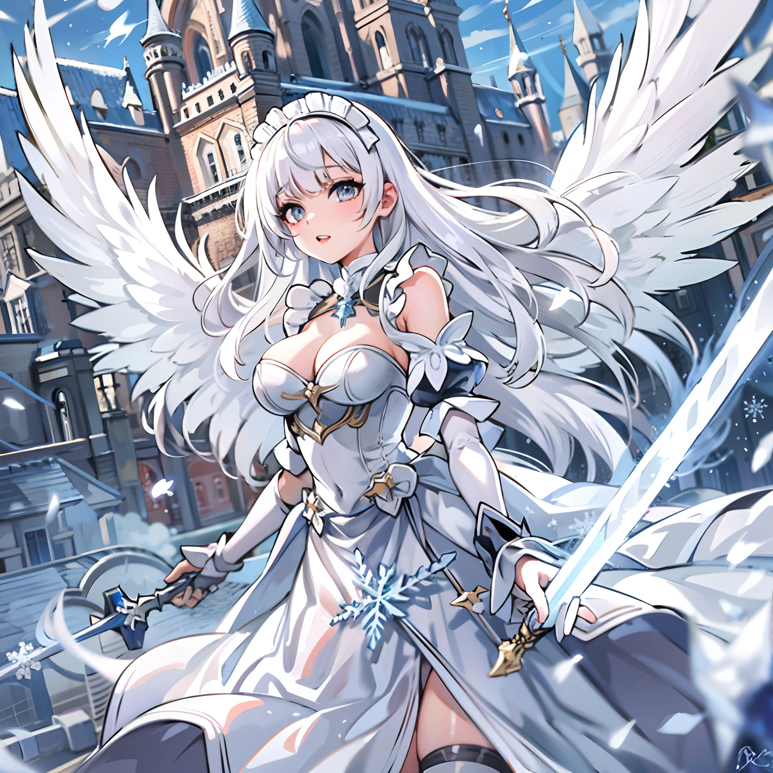 upper body, 1woman, White hair, Long Haired, White eyes, (frost Angel), Maid Uniform, Flying Magic Sword, big breats, wallpaper, Castle background, Snowflake particles, (masterpiece), best quality, side-swept bangs, Top Quality, White large wing, PoV blowjob