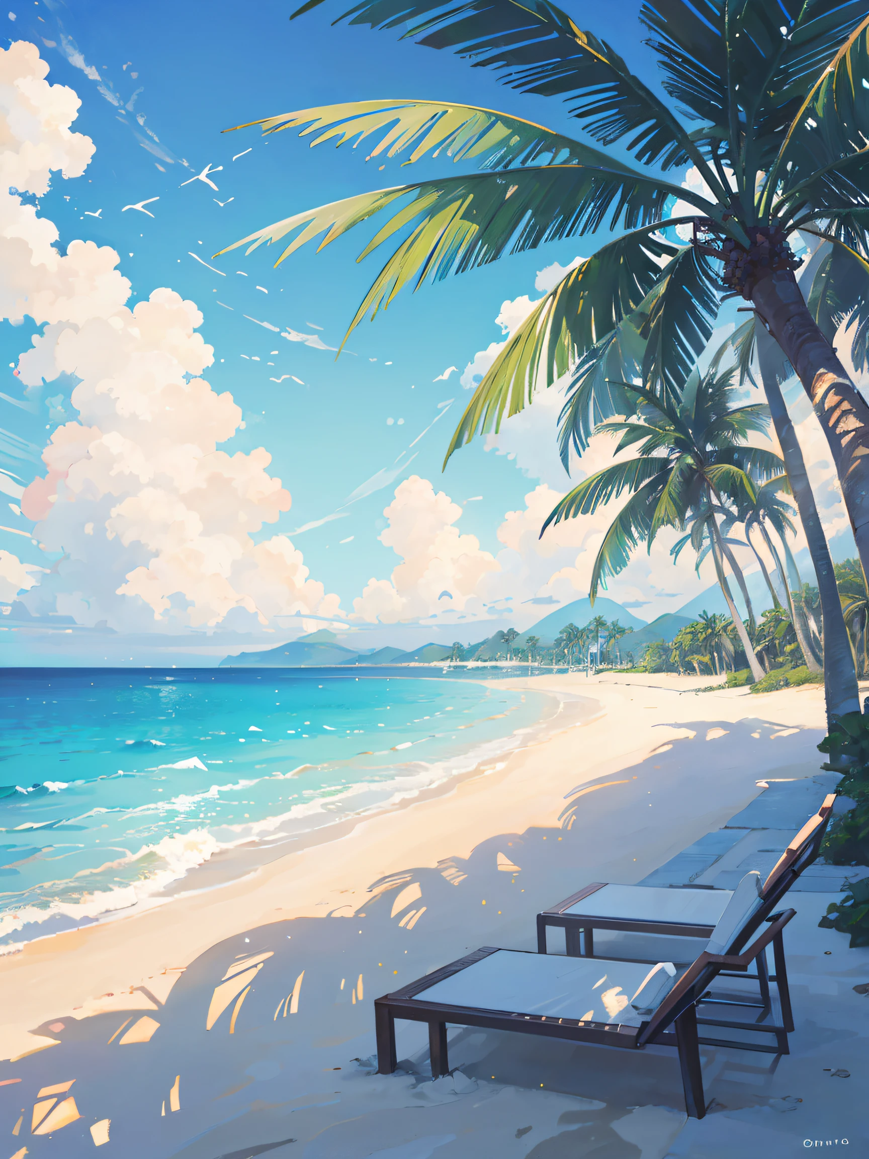 (best quality,4k,8k,highres,masterpiece:1.2),ultra-detailed,realistic,overhead view,beach scene,waves,crashing waves,turquoise water,sandy beach,palm trees,sunlight streaming through leaves,gentle breeze,clear sky,tropical paradise,serene atmosphere,peaceful surroundings,vibrant colors,soft sand,sparkling ocean,majestic view,holiday getaway,relaxing vibes,tranquil escape,natural beauty,nature's art,photography,paradise,summer vacation,luxury destination