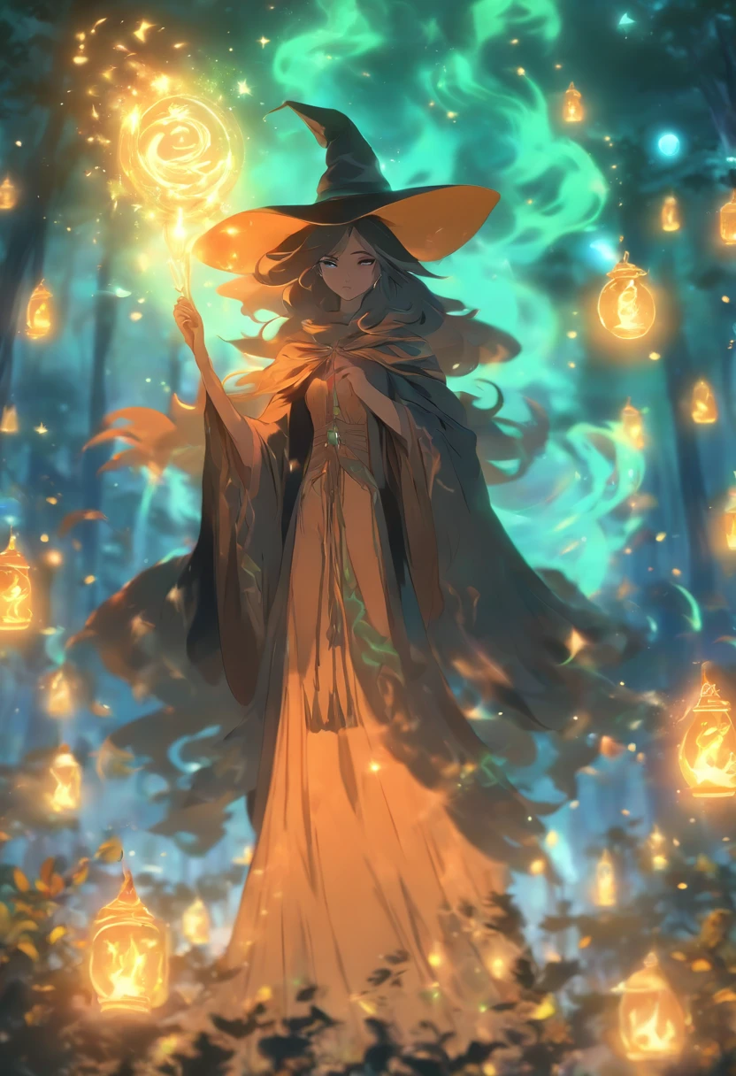 (best quality,4k,highres),(realistic:1.37),witch casting orange glowing spells,moonlight,magical fantasy forest,twinkling stars,shadowy trees,enchanting atmosphere,sparkling fireflies,mysterious orbs,witch's cloak billowing in the wind,spellbook with ancient runes,cauldron emitting colorful smoke,moonlit clearing,whispering winds,ethereal glow,spellbinding incantations,ominous moon,enchanted creatures,witch's hat,nighttime ambiance,glowing potion,bewitching rituals,enchanted flora and fauna,otherworldly energy,moonlit beams,crackling magic,arcane symbols,dancing shadows,mesmerizing glow,witch's staff,mythical beings,deep mystical aura,glowing eyes,starry sky,nighttime silence,moonlit path,spellbinding enchantments