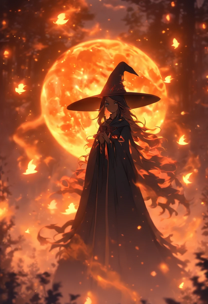 (best quality,4k,highres),(realistic:1.37),witch casting orange glowing spells,moonlight,magical fantasy forest,twinkling stars,shadowy trees,enchanting atmosphere,sparkling fireflies,mysterious orbs,witch's cloak billowing in the wind,spellbook with ancient runes,cauldron emitting colorful smoke,moonlit clearing,whispering winds,ethereal glow,spellbinding incantations,ominous moon,enchanted creatures,witch's hat,nighttime ambiance,glowing potion,bewitching rituals,enchanted flora and fauna,otherworldly energy,moonlit beams,crackling magic,arcane symbols,dancing shadows,mesmerizing glow,witch's staff,mythical beings,deep mystical aura,glowing eyes,starry sky,nighttime silence,moonlit path,spellbinding enchantments