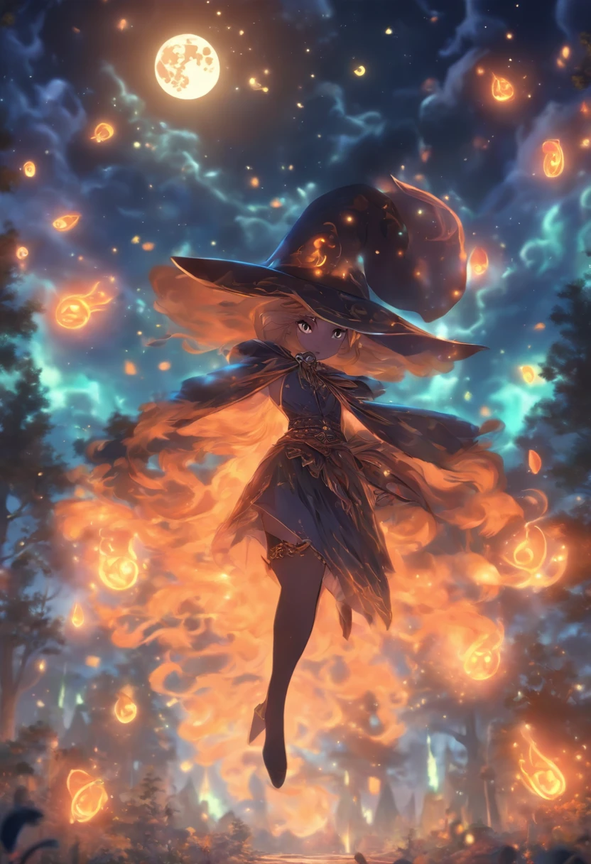 (best quality,4k,highres),(realistic:1.37),witch casting orange glowing spells,moonlight,magical fantasy forest,twinkling stars,shadowy trees,enchanting atmosphere,sparkling fireflies,mysterious orbs,witch's cloak billowing in the wind,spellbook with ancient runes,cauldron emitting colorful smoke,moonlit clearing,whispering winds,ethereal glow,spellbinding incantations,ominous moon,enchanted creatures,witch's hat,nighttime ambiance,glowing potion,bewitching rituals,enchanted flora and fauna,otherworldly energy,moonlit beams,crackling magic,arcane symbols,dancing shadows,mesmerizing glow,witch's staff,mythical beings,deep mystical aura,glowing eyes,starry sky,nighttime silence,moonlit path,spellbinding enchantments