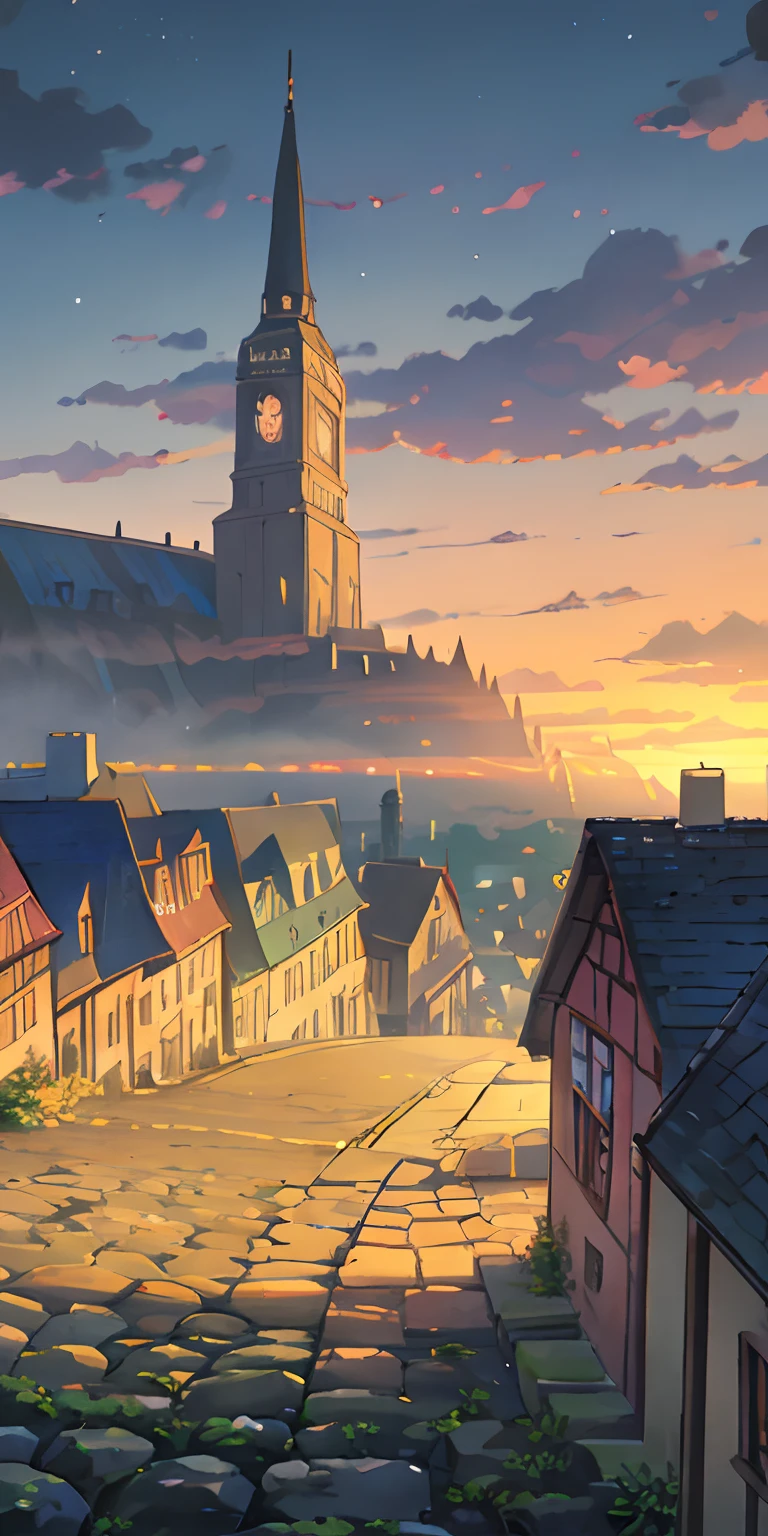 Real old European cities、The sunset is beautiful、From to woman、chimney、Fire Oven、coal、Dazzling light、(illustratio:1.0)、epic composition、Realistic lighting、high definition detail、tmasterpiece、Best Quality,(extremely detailed CG unified 8k wallpaper)