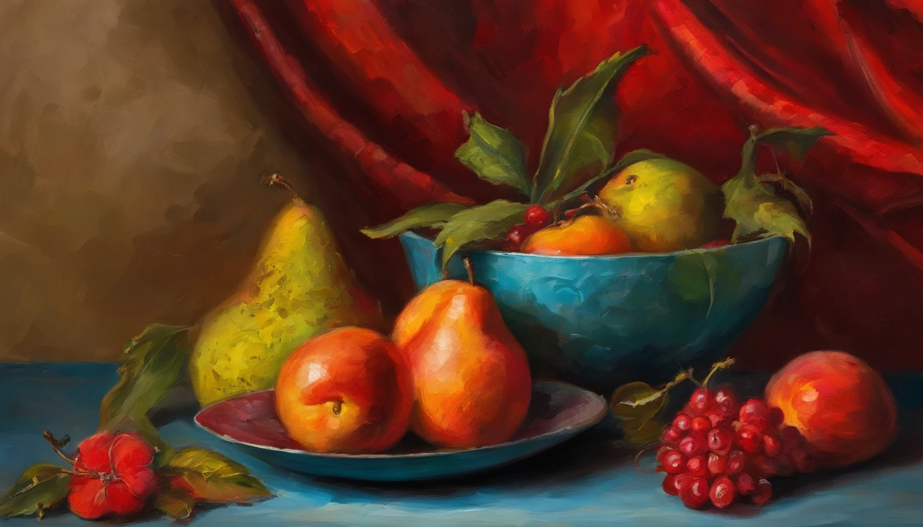 painting of a bowl of fruit on a table with a vase and a candle, 8 k hd detailed oil painting, still life painting, detailed 4 k oil painting, renaissance still life painting, highly detailed oil-painting, high detailed oil painting, highly detailed oil painting, 4 k oil painting, bowl of fruit, extremly detailed oil painting, fruit bowl. vestido ornamentado vermelho, mulhee negra africana, mulher vermelha bonita, usando um vestido africano, beleza estonteante, mulher deslumbrante, Tema vermelho cabelo ondulado, mulher africana