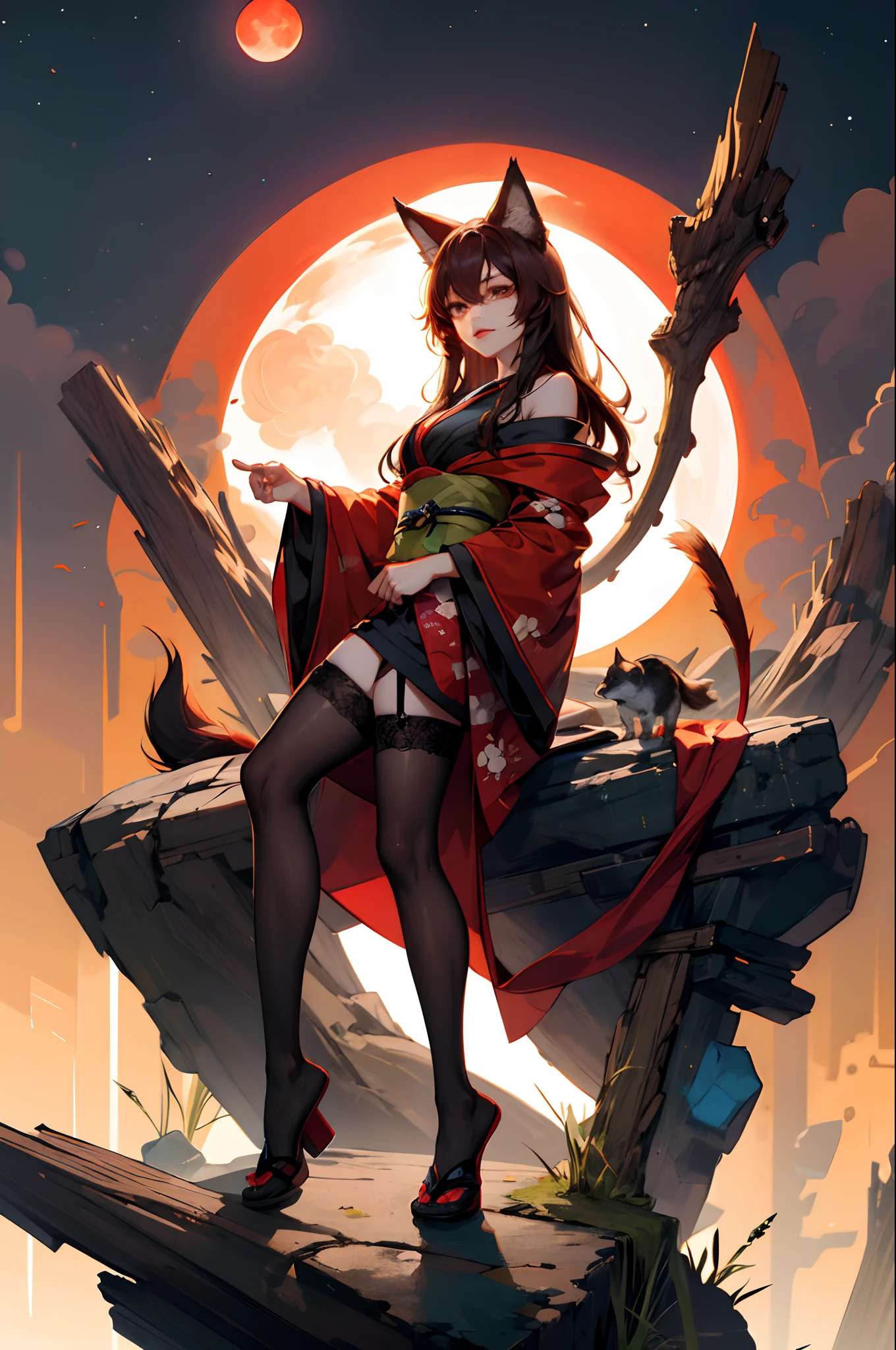 Wolfgirl, brown long hair, wolf ears, kagerou imaizumi, touhou, beautiful, kimono, kemono, details, stockings, mesh, red moon, ((masterpiece)), 4k, absurdres, best quality, (1girl), looking at viewer, good anatomy, (detailed: 1.3)

Model: BreakDomain