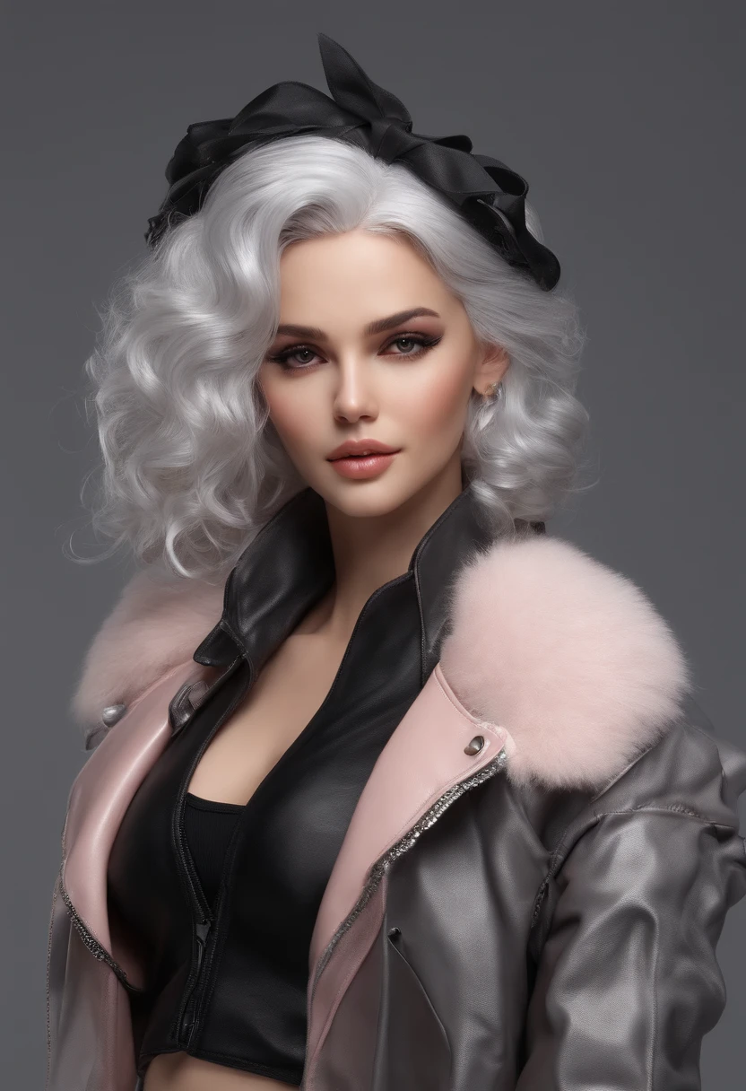 (((Masterpiece))), Top quality, Super detailed, Blush, Cute and playful, Huge, Leather jacket, Silver hair, Fluffy hairstyle, Elastic breasts, Pleasant eyes, Sweet look, Belly button, Dynamic and cute pose.