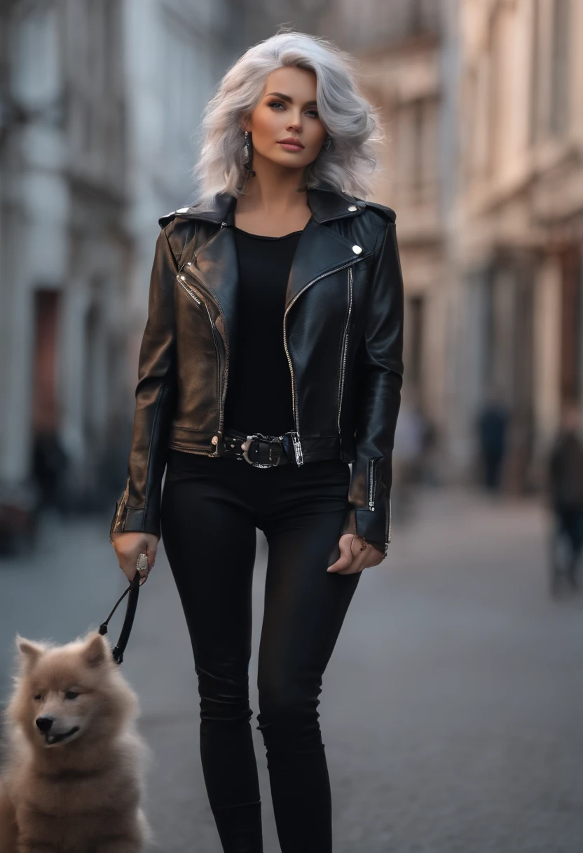 (((Masterpiece))), Top quality, Super detailed, Blush, Cute and playful, Huge, Leather jacket, Silver hair, Fluffy hairstyle, Elastic breasts, Pleasant eyes, Sweet look, Belly button, Dynamic and cute pose.