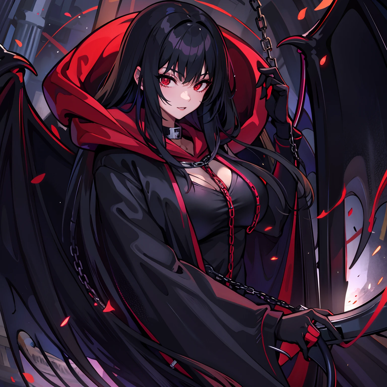 upper body, 1woman, black hair, Long Haired, Red eyes, (Vampire), Black Long hoodie Cape, Black Large Scythe, tunic, big breats, wallpaper, Chain background, light particles, (masterpiece), best quality, side-swept bangs, Top Quality, black large wing