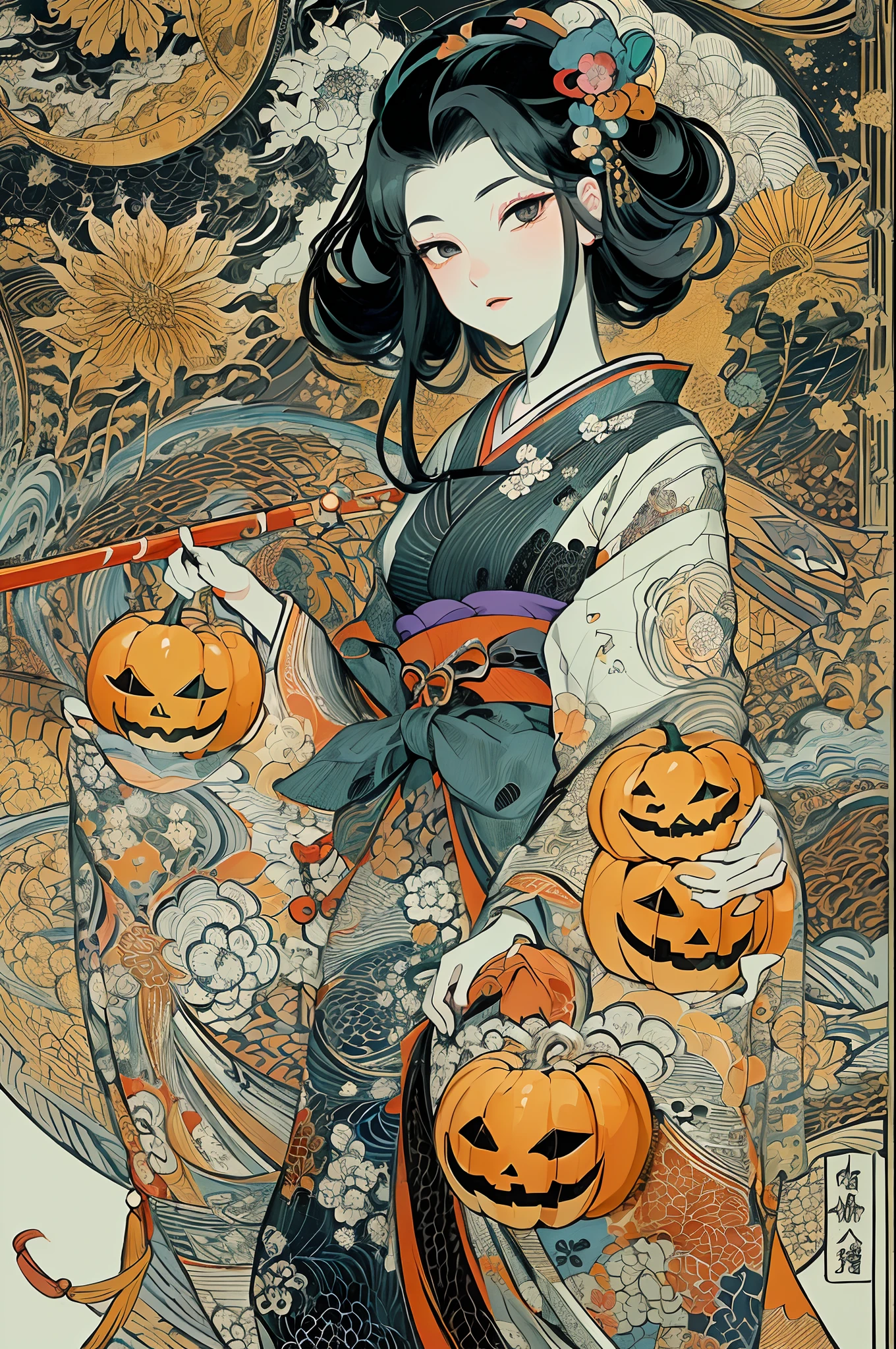(masuter piece、top-quality、ukiyoe style、Mystical、Beautifully Aesthetic、offcial art、Sharaku:1.2)、(1 girl in:1.3)、(Fractal Art:1.3)、cowboy shot、white and clean skin、(Beautiful black hair、Kimono:1.2)、Traditional performing arts of Japan in the background、highly colorful、(scrollwork、A Japanese style:1.2)、Ghost pumpkin、Halloween