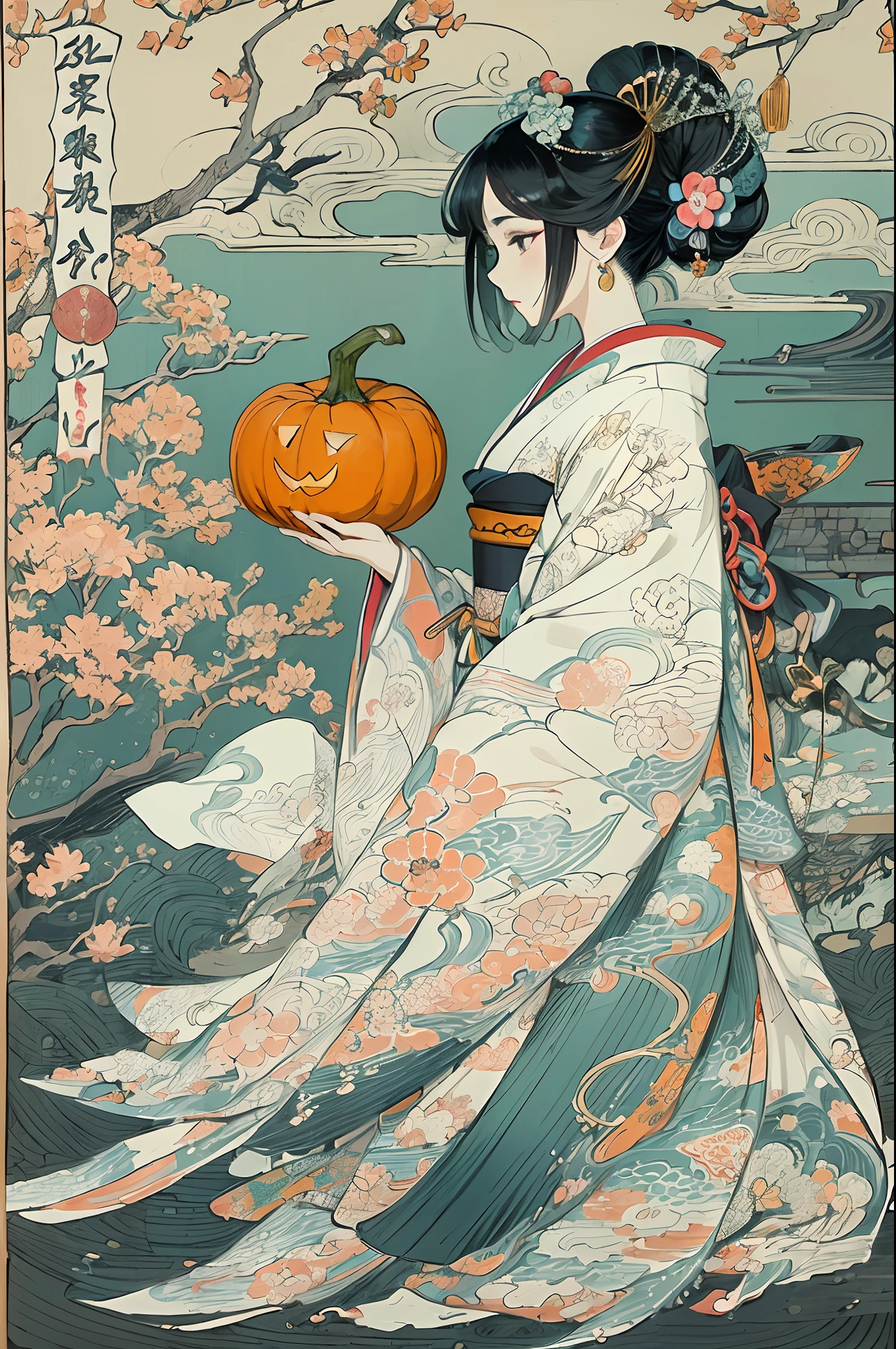(masuter piece、top-quality、ukiyoe style、Mystical、Beautifully Aesthetic、offcial art、Sharaku:1.2)、(1 girl in:1.3)、(Fractal Art:1.3)、cowboy shot、white and clean skin、(Beautiful black hair、Kimono:1.2)、Traditional performing arts of Japan in the background、highly colorful、(scrollwork、A Japanese style:1.2)、Ghost pumpkin、Halloween