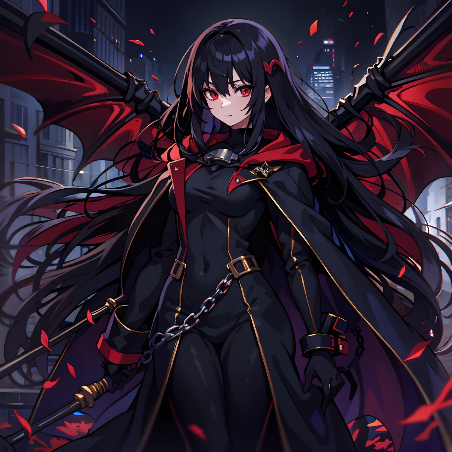 upper body, 1woman, black hair, Long Haired, Red eyes, (Vampire), Black Long hoodie Cape, Black Large Scythe, tunic, big breats, wallpaper, Chain background, light particles, (masterpiece), best quality, side-swept bangs, Top Quality, black large wing