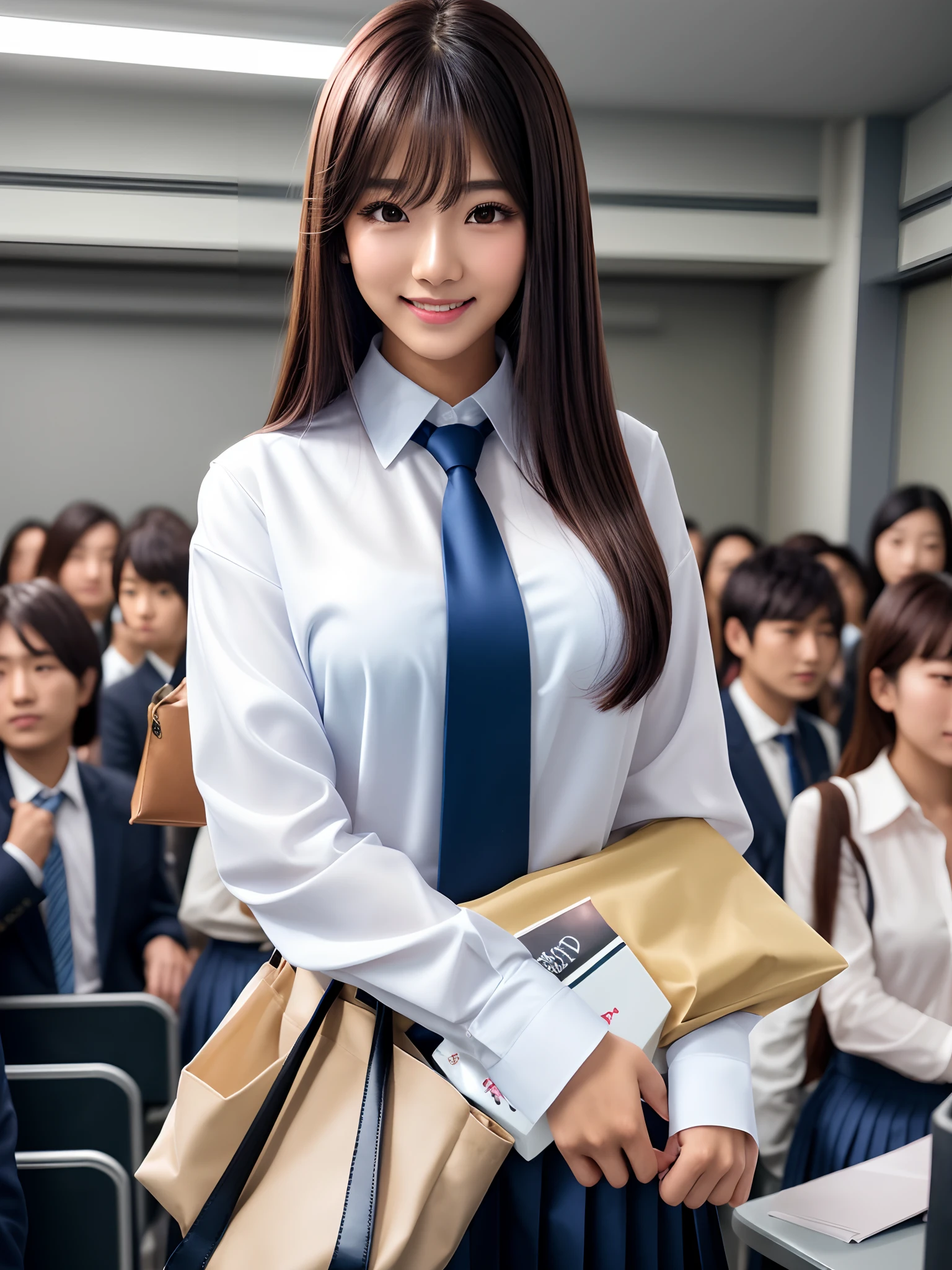 product quality, 1girl, upper body shot, front view, a Japanese young pretty woman, long bob hair, standing in a crowded classroom with a big smile, glamorous figure, wearing a long sleeves white collared silky shirt with shiny satin dark blue plain tie, rolling up the shirt sleeves, wearing a dark blue pleated long skirt, carrying one tote bag over her shoulder, hyper cute face, glossy lips, double eyelids in both eyes, natural makeup, long eyelashes, shiny smooth light brown long bob hair, asymmetrical bangs, a tanned skin, central image, high resolution, high detail, detailed hairstyle, detailed face, spectacular cinematic lighting, octane rendering, vibrant, hyper realistic, perfect limbs, perfect anatomy