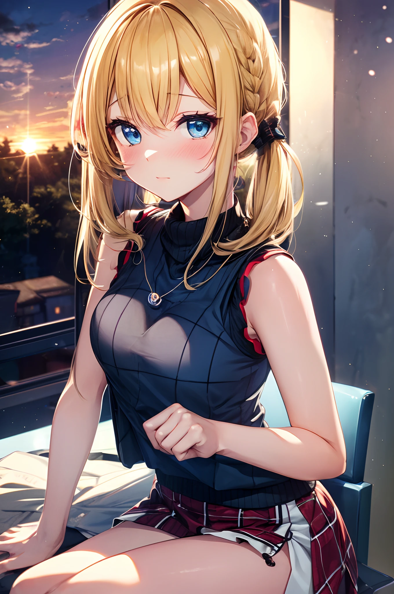 absurderes, ultra-detailliert,bright colour, extremely beautiful detailed anime face and eyes,,25 years old, (Sleeveless Lift:1.8),(Fashionable bras:1.4) ,Short hair, , asymmetrical bangs, Blonde hair with short twin tails, Shiny hair, Delicate beautiful face, red blush、(Deep Blue Eyes:1.3),Black socks、plaid skirts、early evening、Lots of countryside、Big sunset、Orange view、Small necklace、