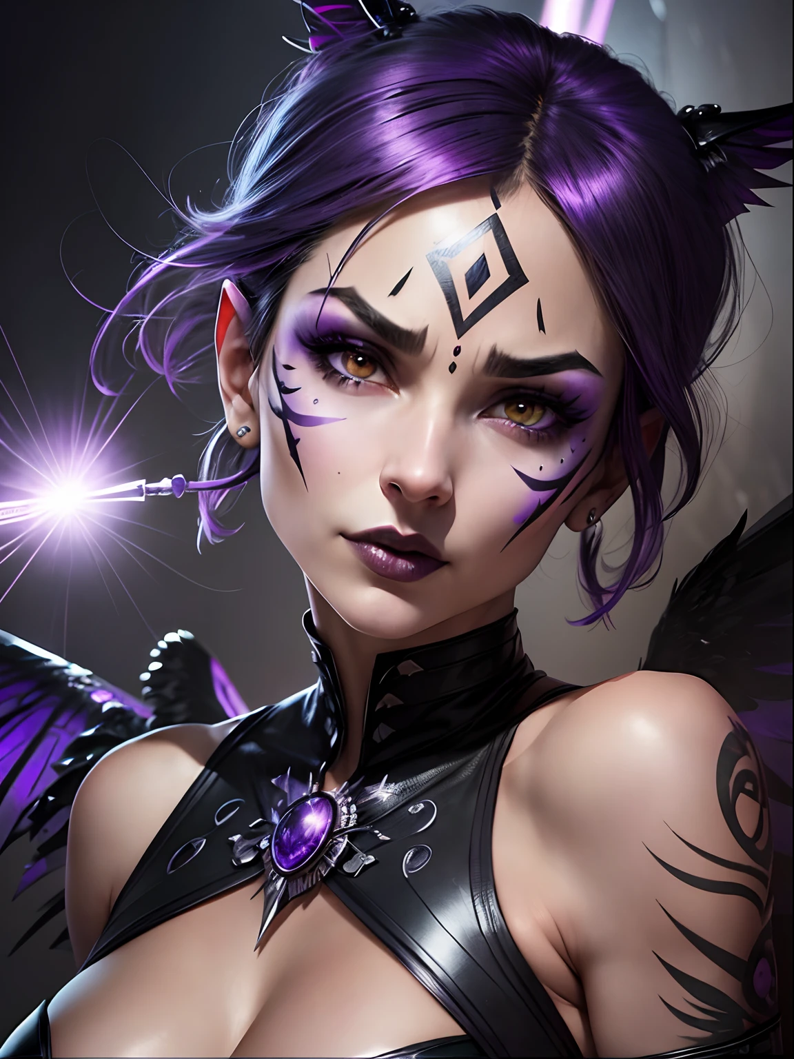 upper body of arcane mage woman, glowing iridescent runes, casting spell, purple hair and glowing eyes, naked, topless, (small breasts), black background, dark atmosphere, shout, ritual