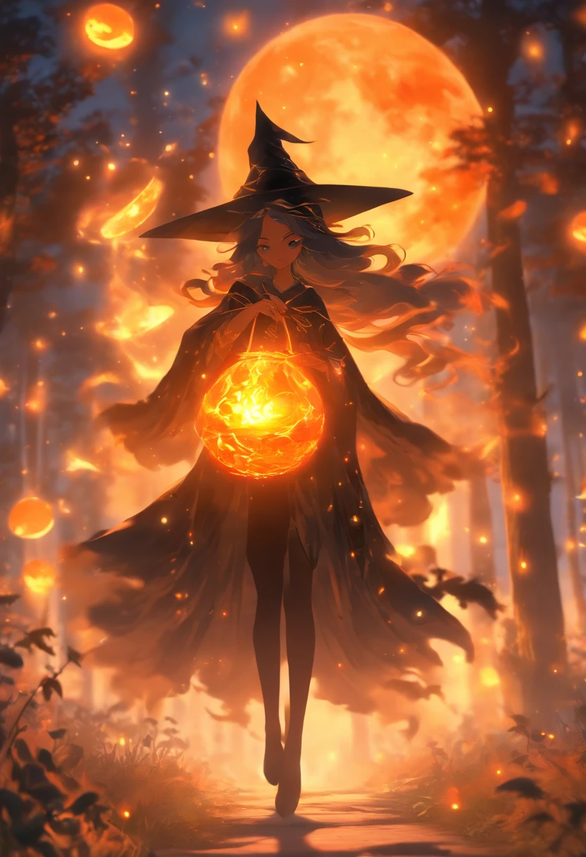 (best quality,4k,highres),(realistic:1.37),witch casting orange glowing spells,moonlight,magical fantasy forest,twinkling stars,shadowy trees,enchanting atmosphere,sparkling fireflies,mysterious orbs,witch's cloak billowing in the wind,spellbook with ancient runes,cauldron emitting colorful smoke,moonlit clearing,whispering winds,ethereal glow,spellbinding incantations,ominous moon,enchanted creatures,witch's hat,nighttime ambiance,glowing potion,bewitching rituals,enchanted flora and fauna,otherworldly energy,moonlit beams,crackling magic,arcane symbols,dancing shadows,mesmerizing glow,witch's staff,mythical beings,deep mystical aura,glowing eyes,starry sky,nighttime silence,moonlit path,spellbinding enchantments