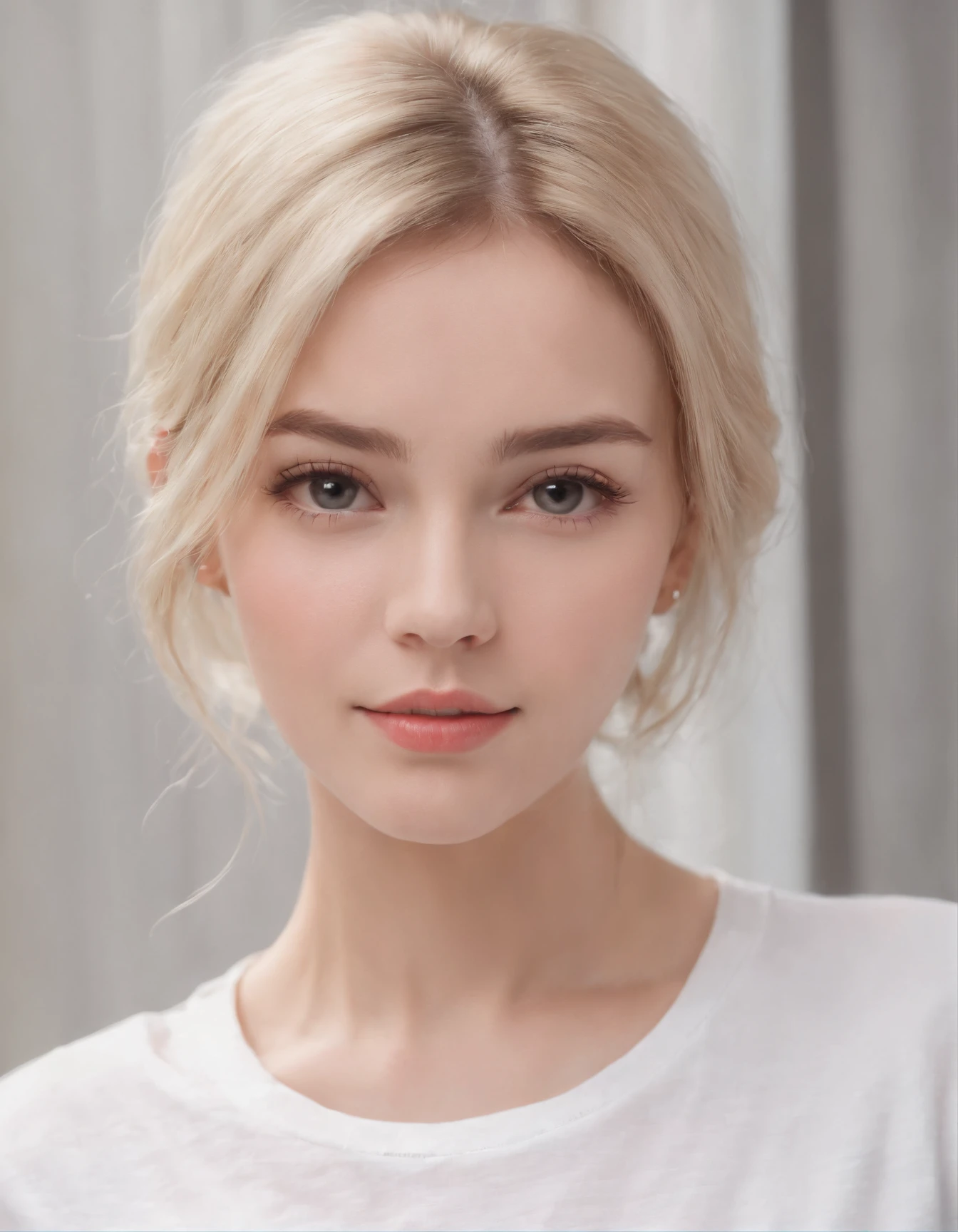 (photo: 1.3) af (realism: 1.4), (((white T-shirt))), (blond lady), super high resolution, (realism: 1.4), 1 girl, female avatar, soft light, Short hair, facial focus, cheerful, young, confident, ((gray background)), (((monochrome background))), high definition, details, slightly looking up, perfect picture, movie quality, ultra high definition, female avatar, beautiful girl , young and beautiful, delicate face, elegant and luxurious