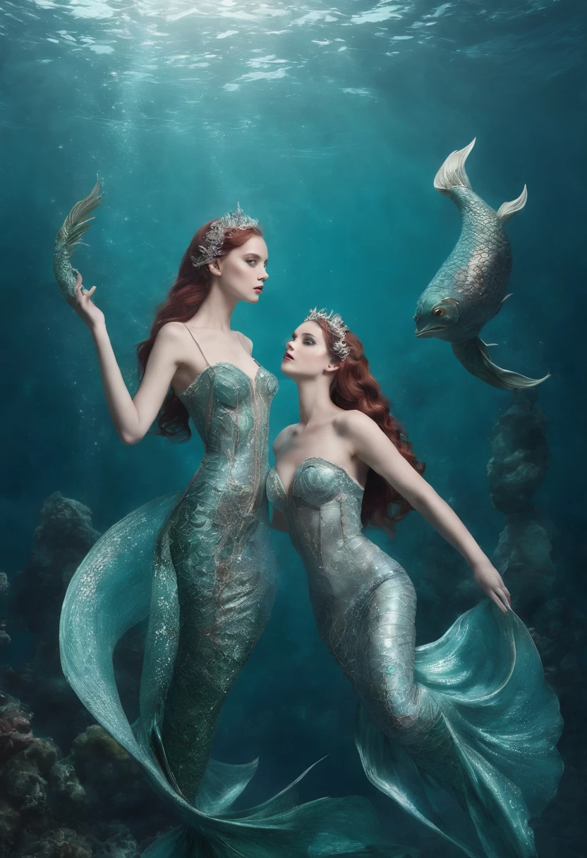 Mermaids swimming under the deep sea,master-piece,lonely,mystical
