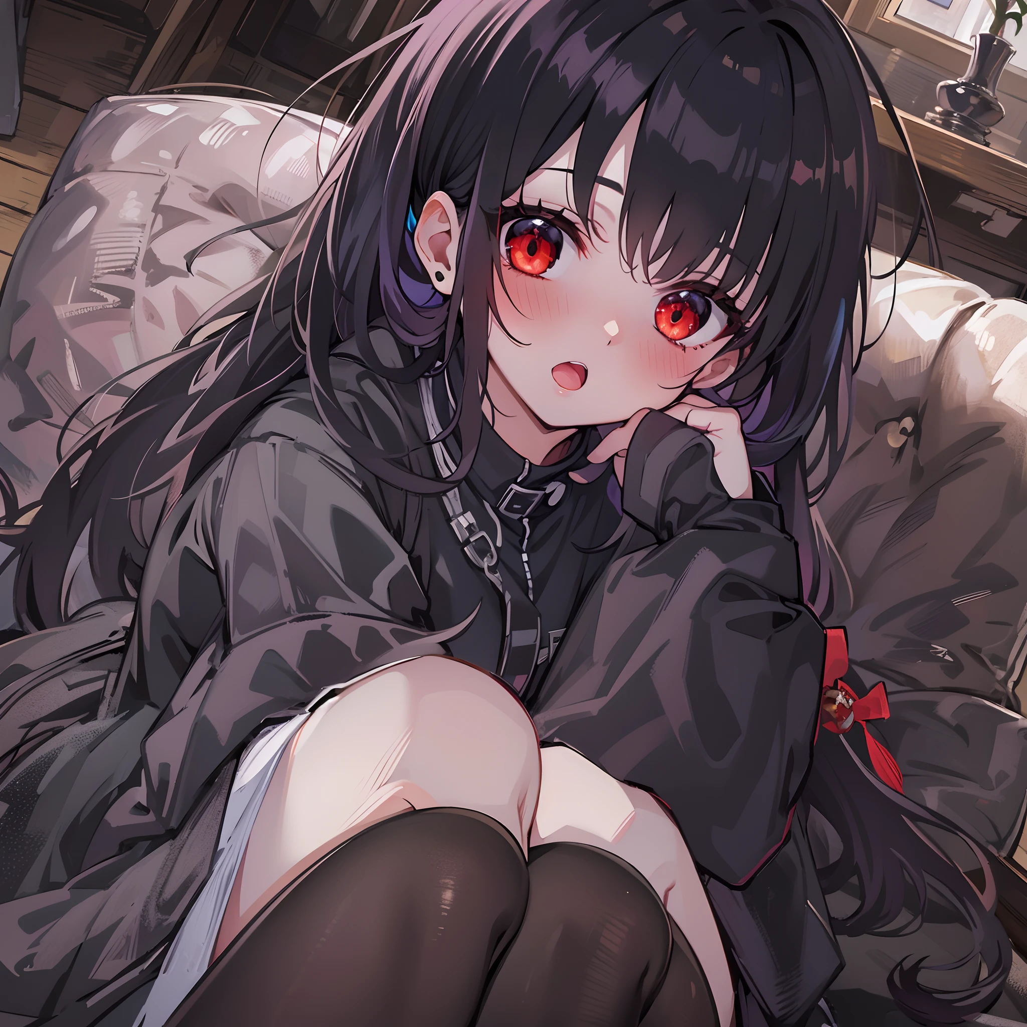 This is a picture of a girl that is mad at the viewer, masterpiece, 8k, highres, top-quality, Extremely detailed, black hair, dark red eyes,black shirt, black miniskirt, sharp eyes, sharp face, tsundere, anime style, sitting on a cushioned chair, crossed legs, close-up view, ultra detailed living room background