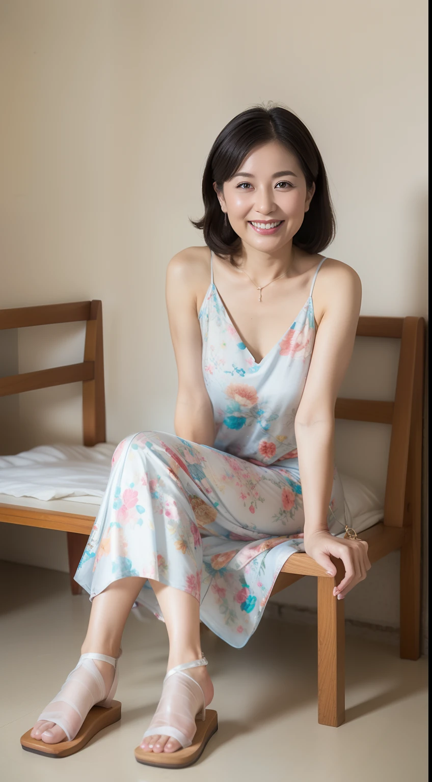 Masterpiece,Best quality, (maam. clerk:1), ((Portrait:1.3)), Cross arms,Large room,Chest straight, Smile,Crane print deep V-neck ice silk slip nightdress,Long white legs,Plain transparent sandals,skin hyper-detail,Clear pores,in a panoramic view,Cocked buttocks,No underwear,Beautiful young Japanese woman over 50 years old, Perfect face, Fantastic look, (Detailed facial features), Clean and nice face,