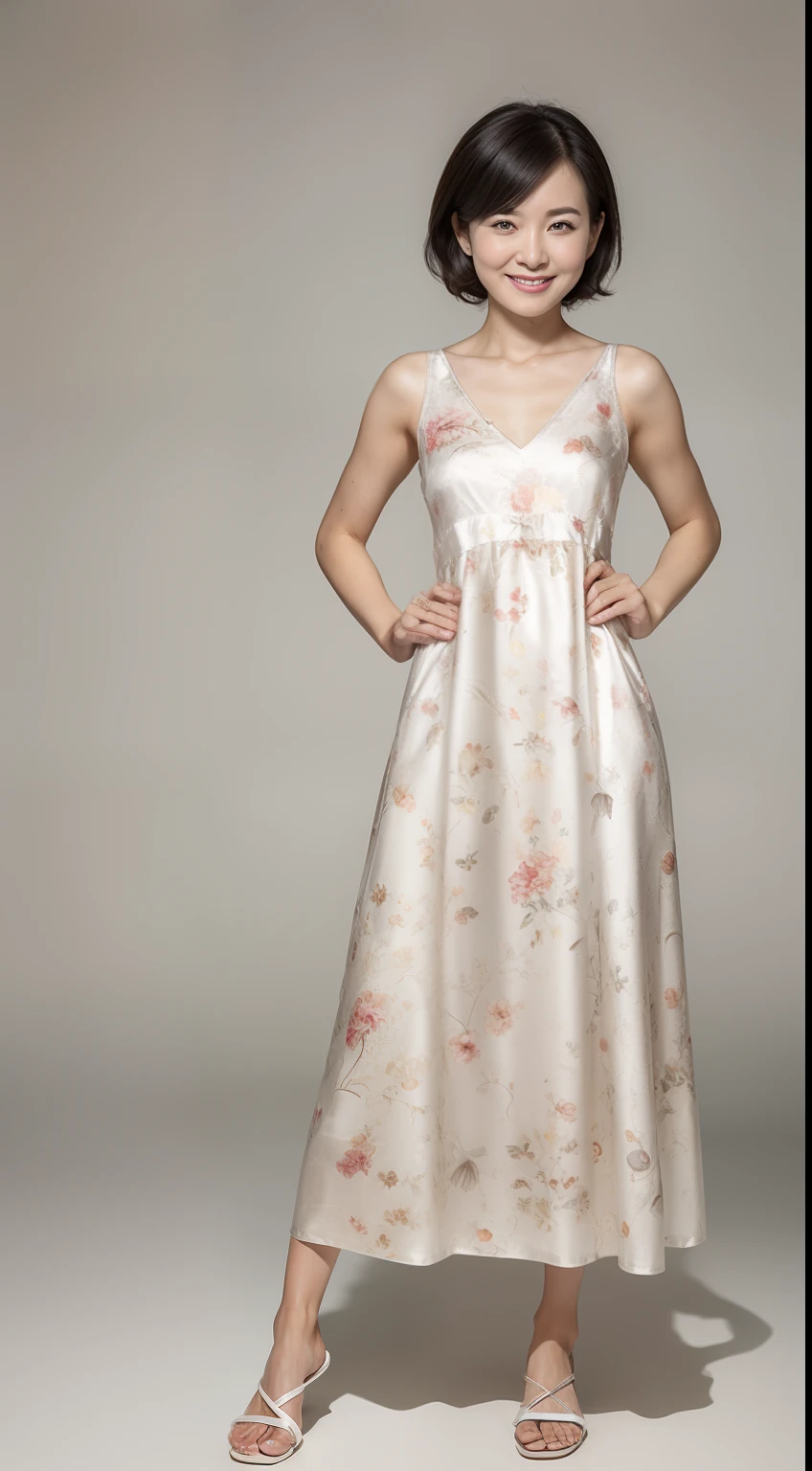 Masterpiece,Best quality, (maam. clerk:1), ((Portrait:1.3)), Cross arms，Large room，Chest straight， Smile，Crane print deep V-neck ice silk slip nightdress，Long white legs，Plain transparent sandals，skin hyper-detail，Clear pores，in a panoramic view，Cocked buttocks，No underwear，Beautiful young Japanese woman over 50 years old,  Perfect face, Fantastic look,  (Detailed facial features),  Clean and nice face，