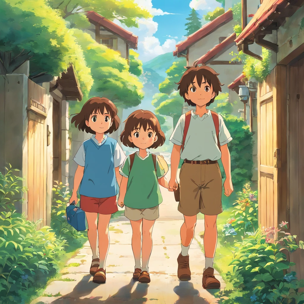 the children Peter, Laura and John were inseparable neighbors and shared a passion for adventure. The illustration is a high-definition illustration in 4k resolution with highly detailed facial features.