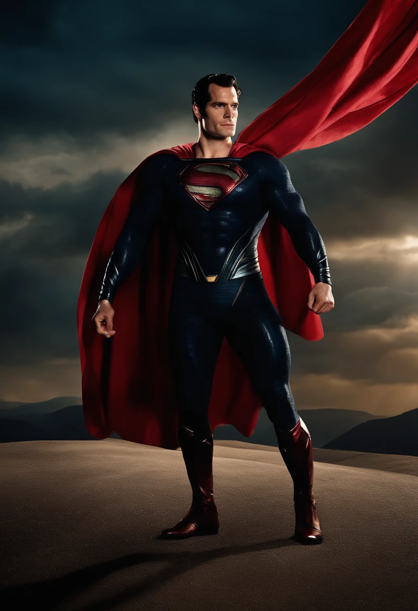 Full body, Henry Cavill, Superman, extra bold body, waving cape.