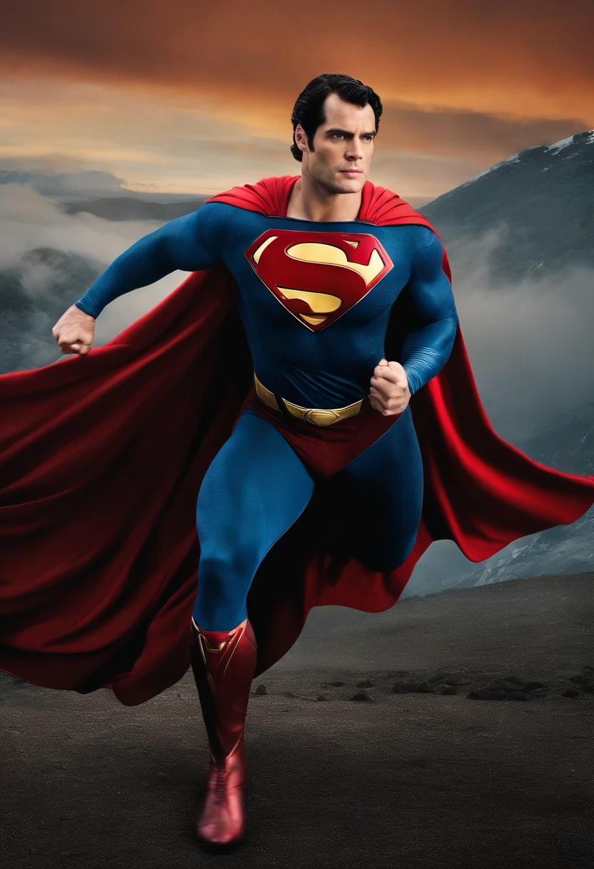 Full body, Henry Cavill, Superman, extra bold body, waving cape.
