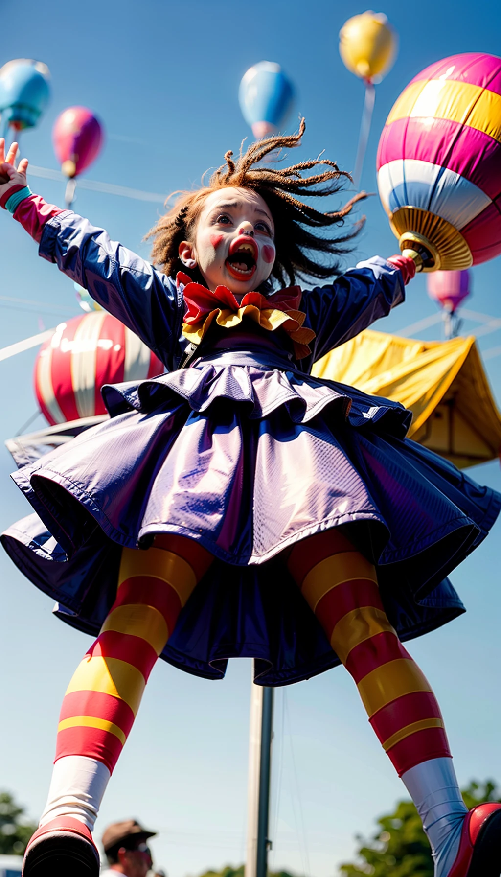 Full body shot of a terrifying clown, with balloons, screaming, at a fair with frightened children.