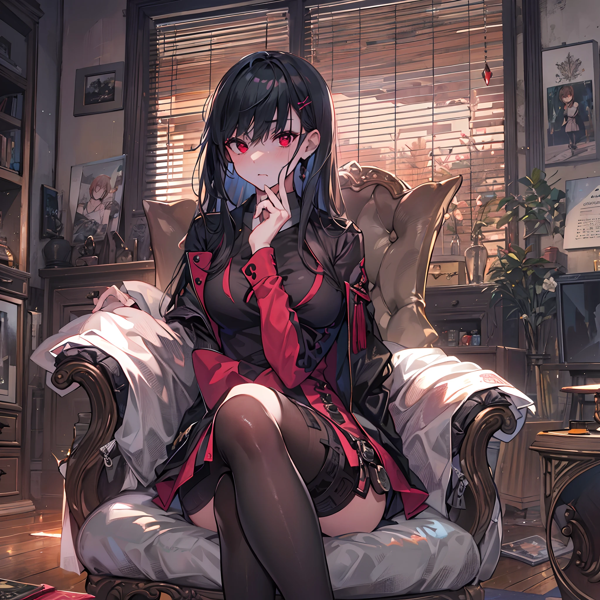 This is a picture of a girl that is mad at the viewer, masterpiece, 8k, highres, top-quality, Extremely detailed, black hair, dark red eyes,black shirt, black miniskirt, sharp eyes, sharp face, tsundere, anime style, sitting on a cushioned chair, crossed legs, close-up view, ultra detailed living room background