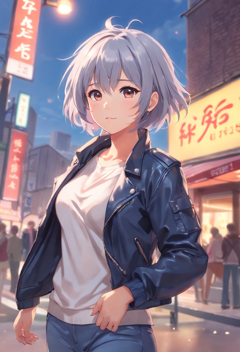 (((Masterpiece))), Top quality, Super detailed, Blush, Cute and playful, Huge, Leather jacket, Silver hair, Fluffy hairstyle, Elastic breasts, Pleasant eyes, Sweet look, Belly button, Dynamic and cute pose.