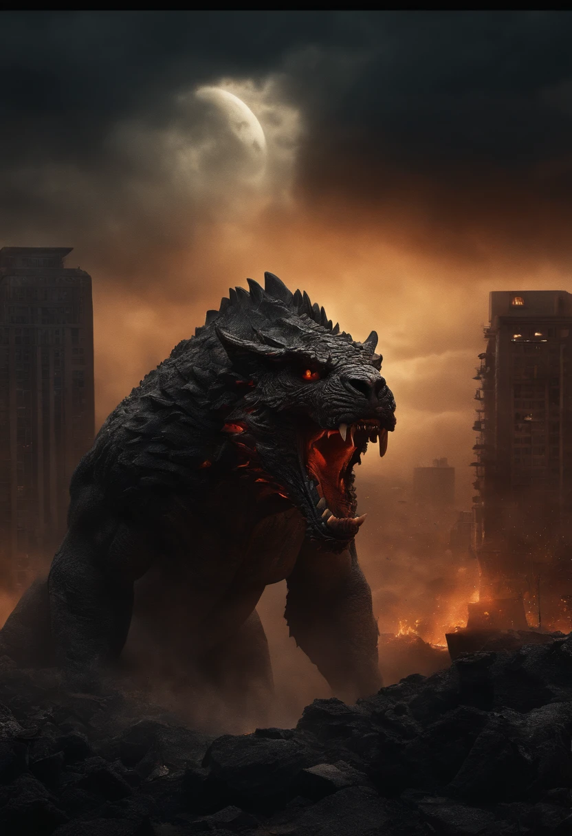 (best quality,4k,8k,highres,masterpiece:1.2),ultra-detailed,(realistic,photorealistic,photo-realistic:1.37),giant monster,destructive power,massive creature,dark and menacing,ominous atmosphere,fierce and terrifying,monstrous appearance,city under attack,panicked civilians,chaotic destruction,epic battle,devastated buildings,towering skyscrapers in ruins,seismic tremors,debris scattered,smoke-filled sky,dynamic movement,enormous claws and teeth,lava-like eyes,powerful roars and growls,moonlit night,stormy weather,dramatic lighting,apocalyptic scene