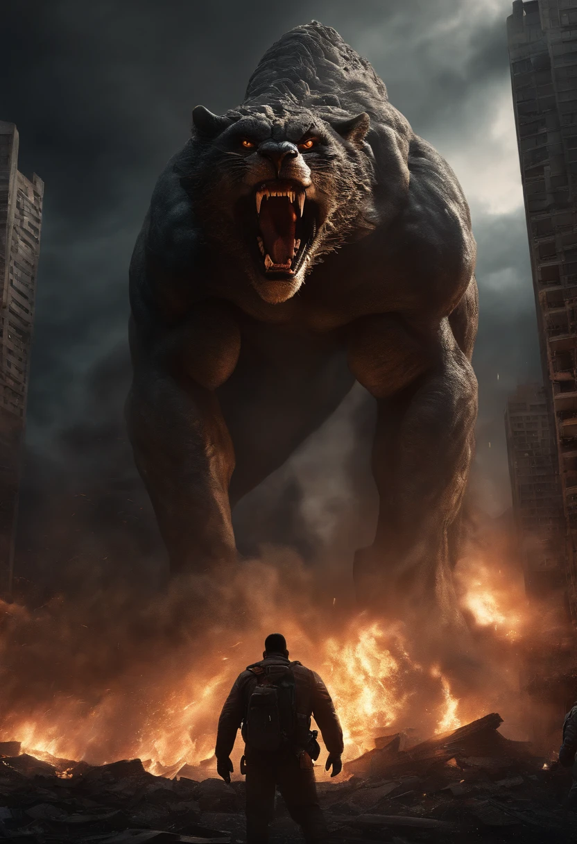 (best quality,4k,8k,highres,masterpiece:1.2),ultra-detailed,(realistic,photorealistic,photo-realistic:1.37),giant monster,destructive power,massive creature,dark and menacing,ominous atmosphere,fierce and terrifying,monstrous appearance,city under attack,panicked civilians,chaotic destruction,epic battle,devastated buildings,towering skyscrapers in ruins,seismic tremors,debris scattered,smoke-filled sky,dynamic movement,enormous claws and teeth,lava-like eyes,powerful roars and growls,moonlit night,stormy weather,dramatic lighting,apocalyptic scene