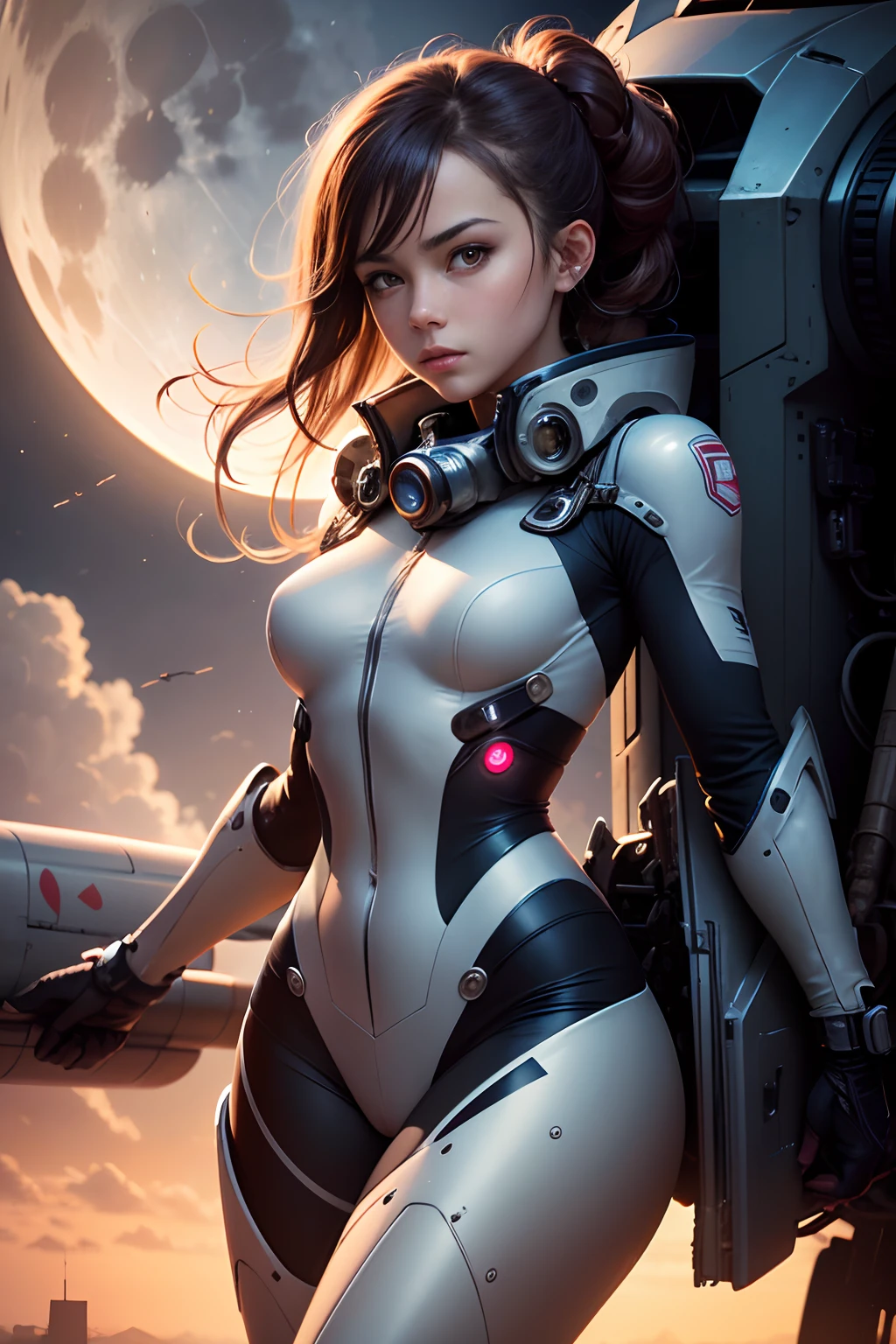 (best quality, highres, ultra-detailed), one girl pilot, climbing out of her mecha, moon floating in background, mecha with metallic finish, mecha with intricate detailing, pilot wearing skin-tight flight suit, pilot with determined expression, detailed face, mecha with glowing lights, moon with a soft glow