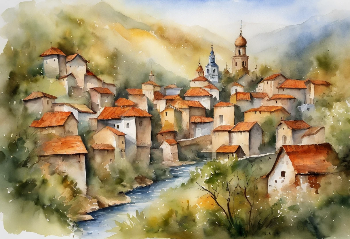 Painting of a village with a river running through it - SeaArt AI