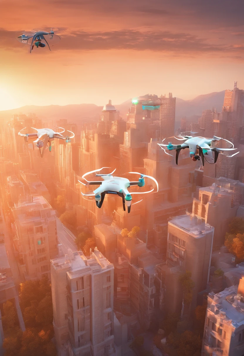 Four drones pulling a package,down view,mid air