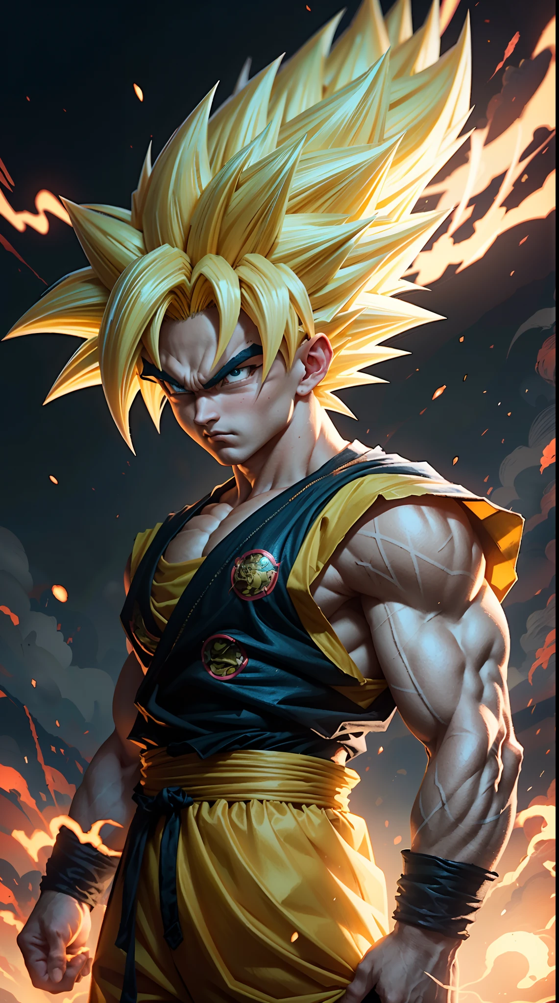 (masterpiece, best quality), intricate details, 8k, artstation, wallpaper, official art, splash art, storm in background, sharp focus, 1boy, (photorealistic:1.2) (bokeh) (best quality) (detailed skin:1.3) (intricate details) (8k) (detailed eyes) (sharp focus) son goku, angry, battle damage, blonde hair, blue sash, clenched teeth, furious, green eyes, male focus, muscular, muscular male, pectorals, sash, solo, spiked hair, super saiyan, super saiyan 1, teeth, topless male, torn clothes, wristband,