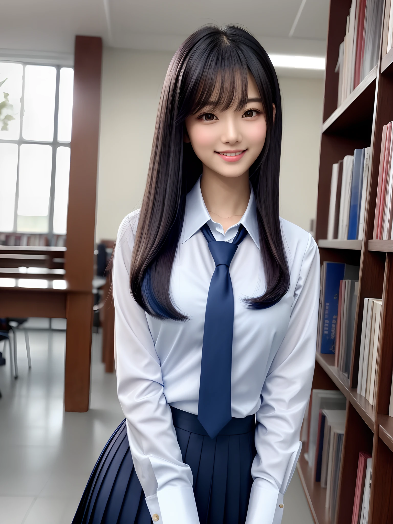 product quality, 1girl, upper body shot, front view, a Japanese young pretty woman, long bob hair, standing in a crowded library in a high school, having a dictionary in her hand with a big smile, glamorous figure, wearing a long sleeves white collared silky shirt with shiny satin dark blue plain tie, rolling up the shirt sleeves, wearing a dark blue pleated long skirt, hyper cute face, glossy lips, double eyelids in both eyes, natural makeup, long eyelashes, shiny smooth light brown long bob hair, asymmetrical bangs, a tanned skin, central image, high resolution, high detail, detailed hairstyle, detailed face, spectacular cinematic lighting, octane rendering, vibrant, hyper realistic, perfect limbs, perfect anatomy