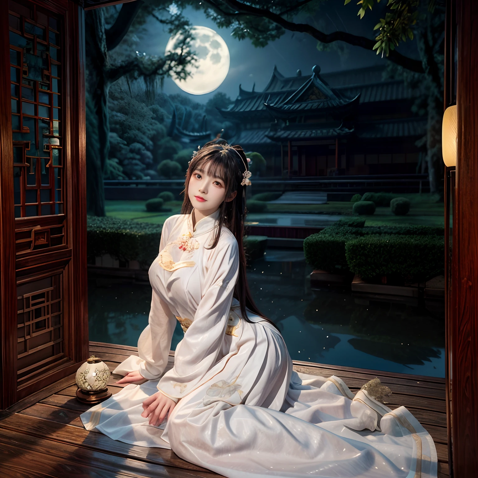 Chang'e,Moon,themoon,rays of moonlight,big breasts beautiful,delicated,the detail,Extreme,复杂,Brilliant --ar 2:4 --s 100 --niji 5 --Expressive style,palaces,the white rabbit,Long sleeves floating,Palace costume,Classical beauty,Looking at you,Bigchest,Realiy