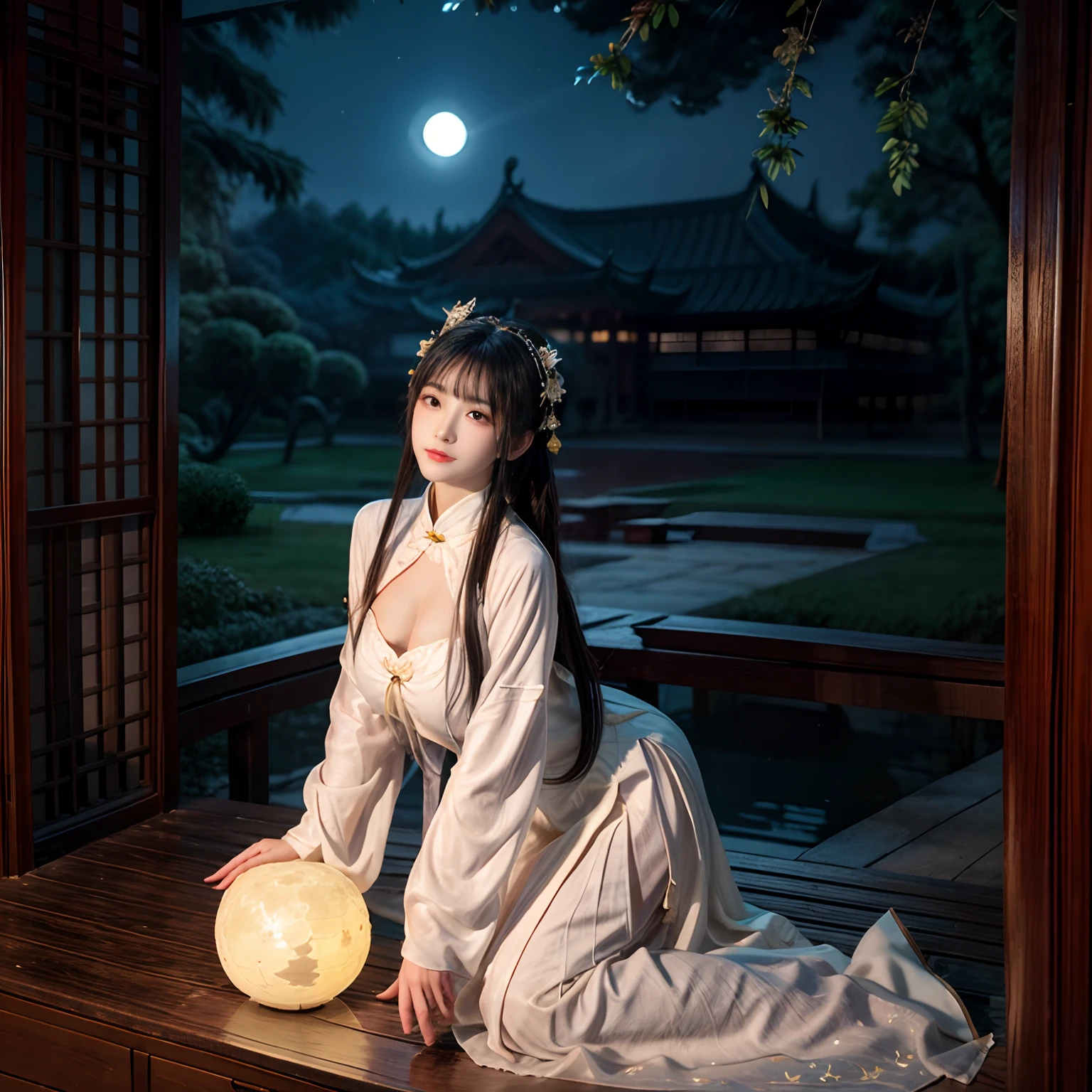 Chang'e，Moon，themoon，rays of moonlight，big breasts beautiful，delicated，the detail，Extreme，复杂，Brilliant --ar 2:4 --s 100 --niji 5 --Expressive style，palaces，the white rabbit，Long sleeves floating，Palace costume，Classical beauty，Looking at you，Bigchest，Realiy