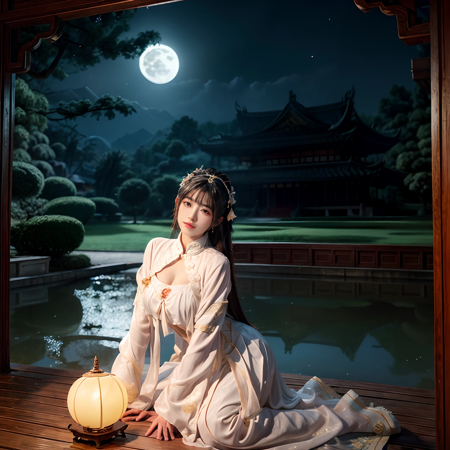 Chang'e，Moon，themoon，rays of moonlight，big breasts beautiful，delicated，the detail，Extreme，复杂，Brilliant --ar 2:4 --s 100 --niji 5 --Expressive style，palaces，the white rabbit，Long sleeves floating，Palace costume，Classical beauty，Looking at you，Bigchest，Realiy