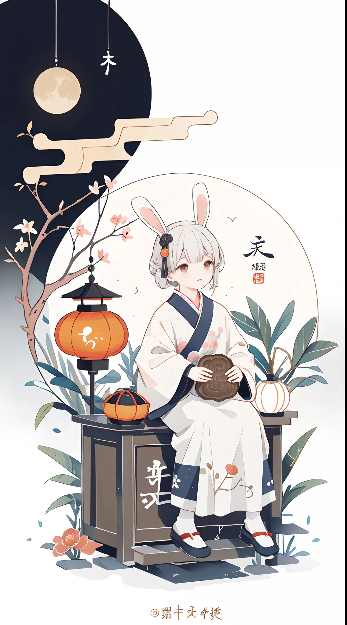 （A rabbit：1.4）, sat on the ground, Looking up, （（Mid-Autumn Festival atmosphere，sweet osmanthus，Kongming Lantern，Meniscus，Moon cake）），（Chinese kanji：1.3），Traditional Chinese illustration style, Digital art, Simple background, Masterpiece on white background, Best quality, Ultra-detailed, High quality, 4K