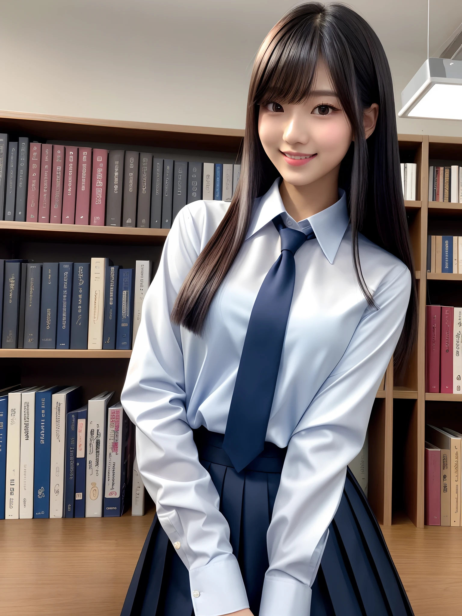 product quality, 1girl, upper body shot, front view, a Japanese young pretty woman, bob hair, standing in a crowded library in a high school, having a dictionary in her hand with a big smile, glamorous figure, wearing a long sleeves white collared silky shirt with shiny satin dark blue plain tie, rolling up the shirt sleeves, wearing a dark blue pleated long skirt, hyper cute face, glossy lips, double eyelids in both eyes, natural makeup, long eyelashes, shiny smooth light brown bob hair, asymmetrical bangs, a tanned skin, central image, high resolution, high detail, detailed hairstyle, detailed face, spectacular cinematic lighting, octane rendering, vibrant, hyper realistic, perfect limbs, perfect anatomy
