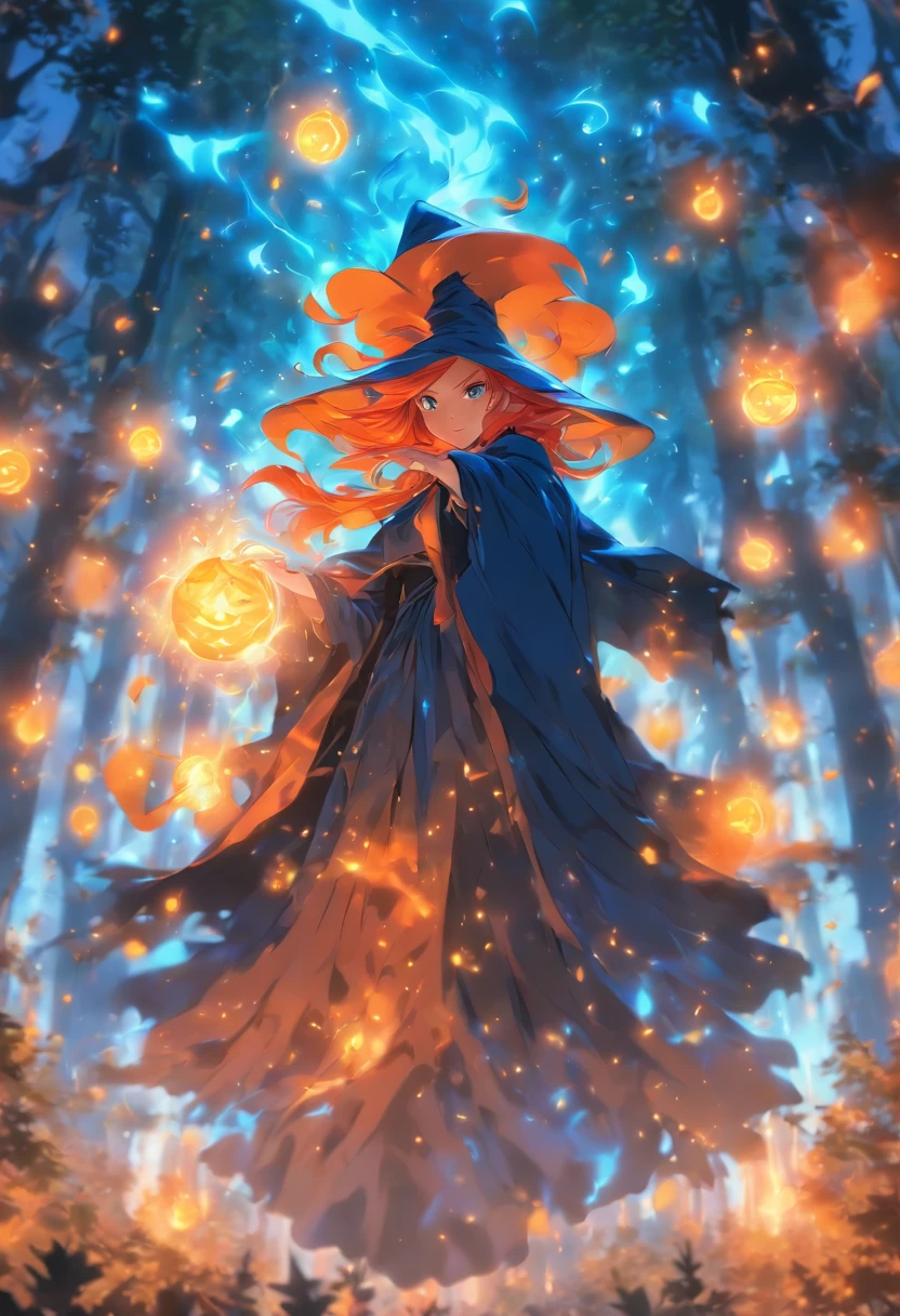 witch with orange hair casting glowing orange spells wearing blue robe inside of mystical forest