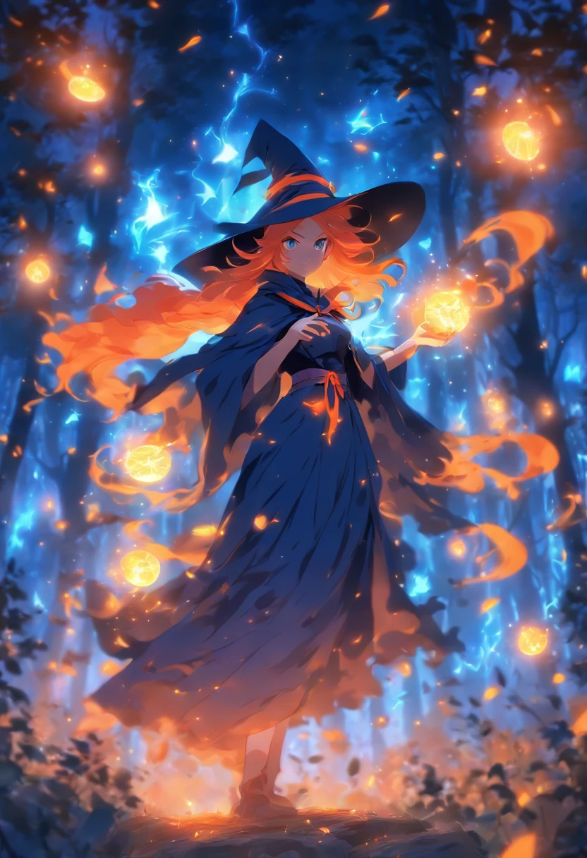 witch with orange hair casting glowing orange spells wearing blue robe inside of mystical forest
