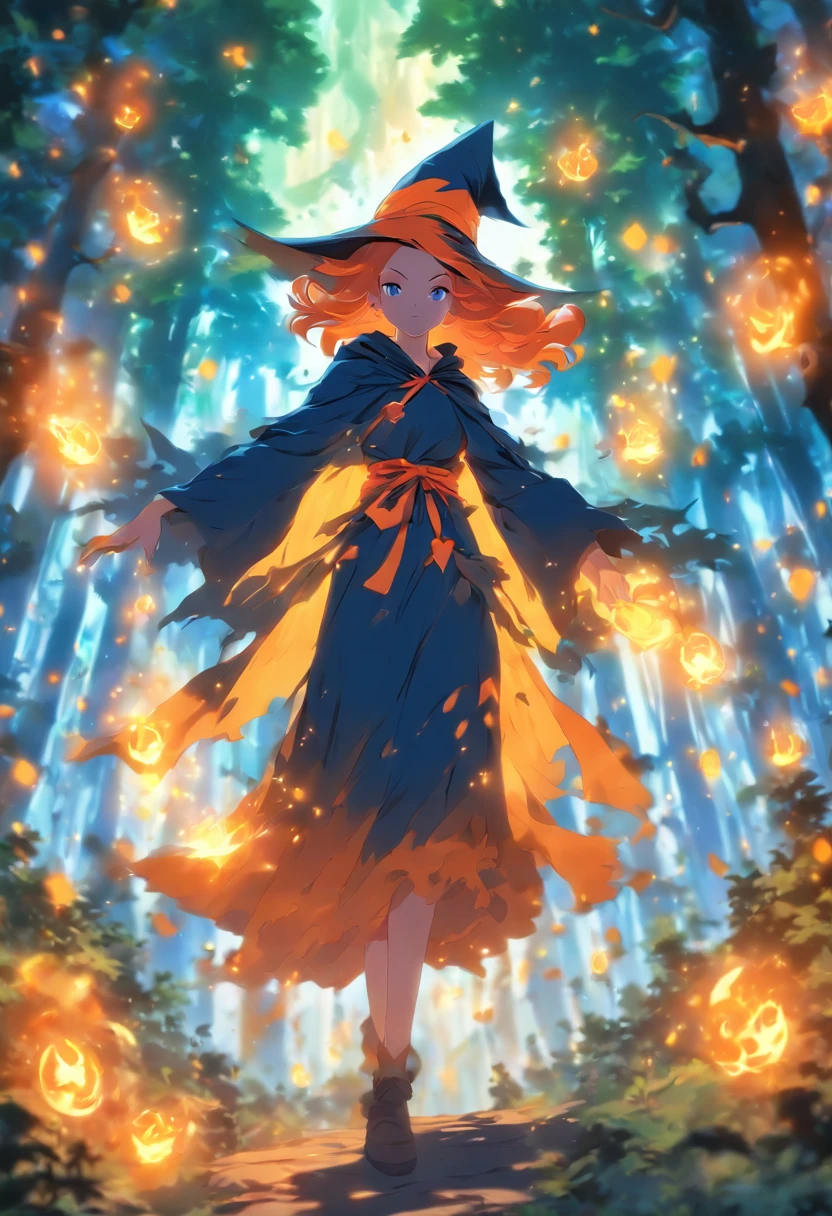 witch with orange hair casting glowing orange spells wearing blue robe inside of mystical forest