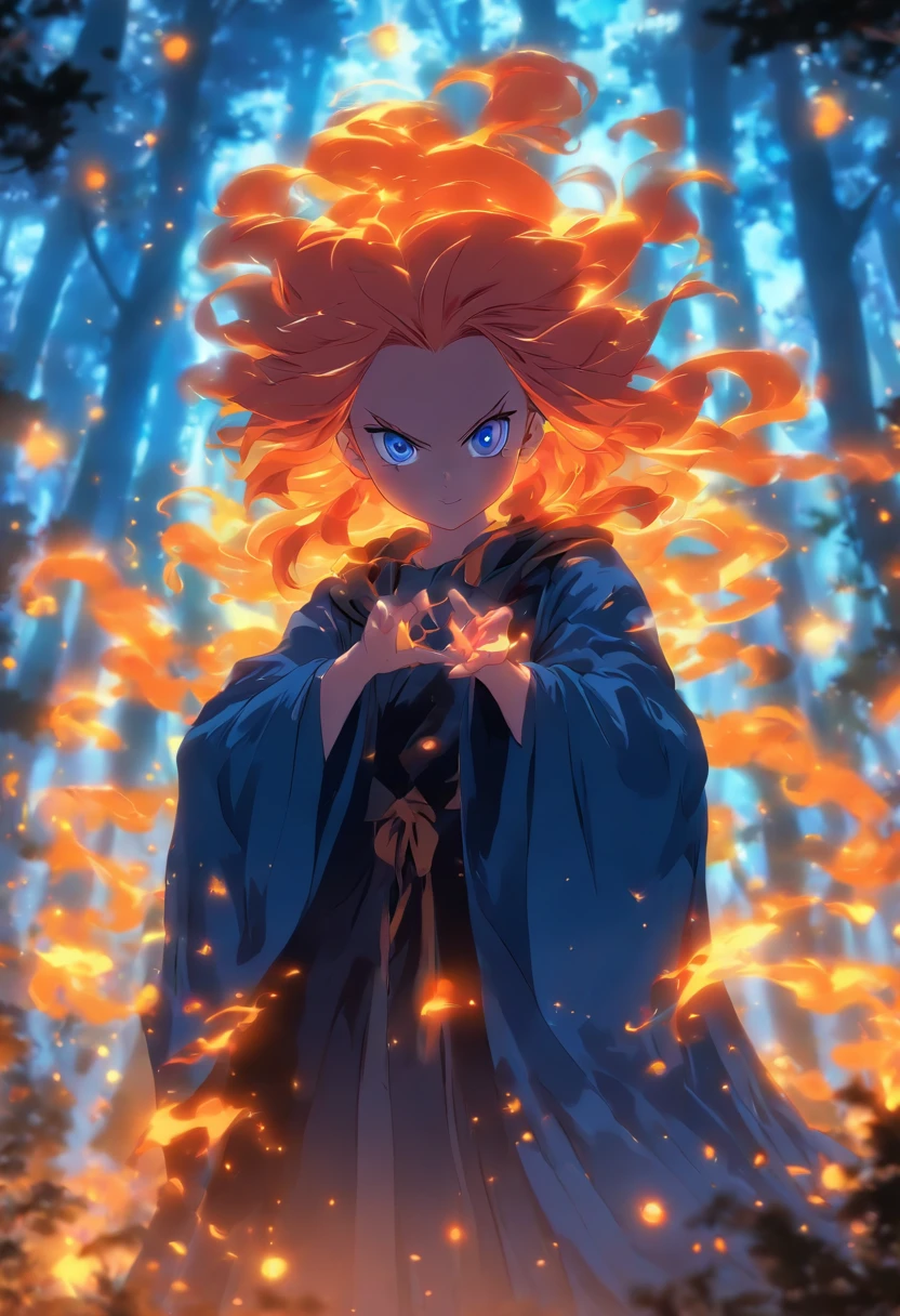 witch with orange hair casting glowing orange spells wearing blue robe inside of mystical forest