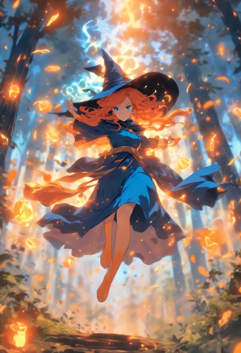 witch with orange hair casting glowing orange spells wearing blue robe inside of mystical forest